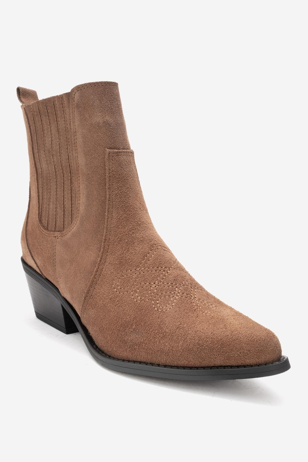 JULIETA - Taupe Genuine Suede Leather Block Heel Western Boot (Women)