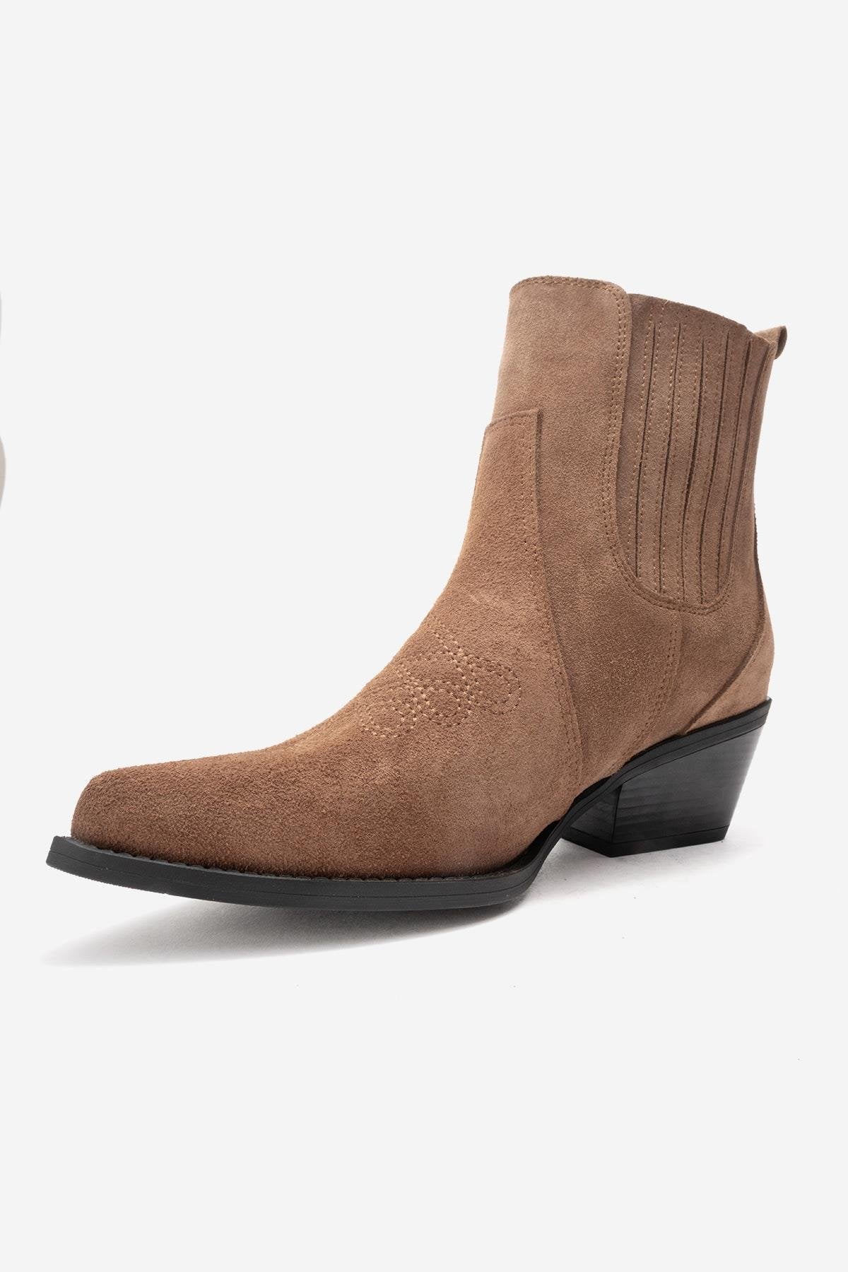 JULIETA - Taupe Genuine Suede Leather Block Heel Western Boot (Women)