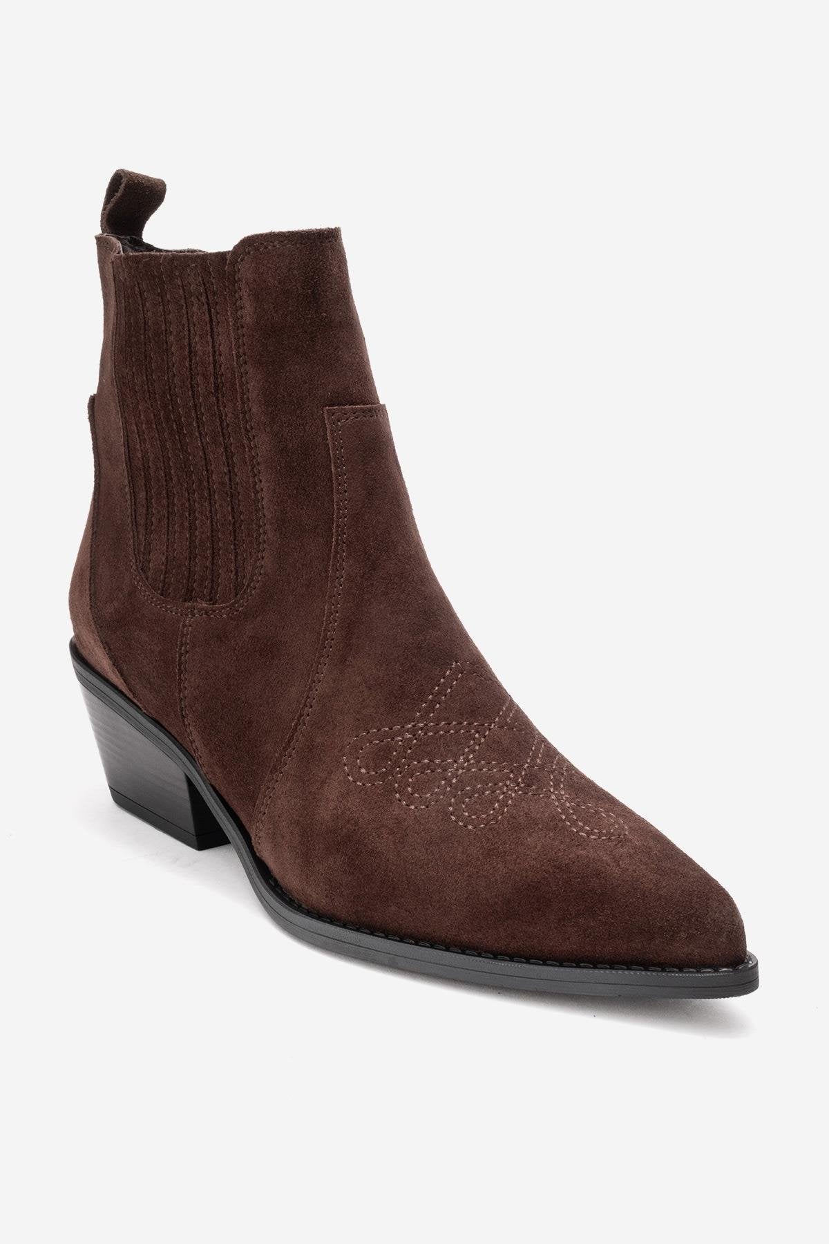 JULIETA - Brown Genuine Suede Leather Block Heel Western Boot (Women)