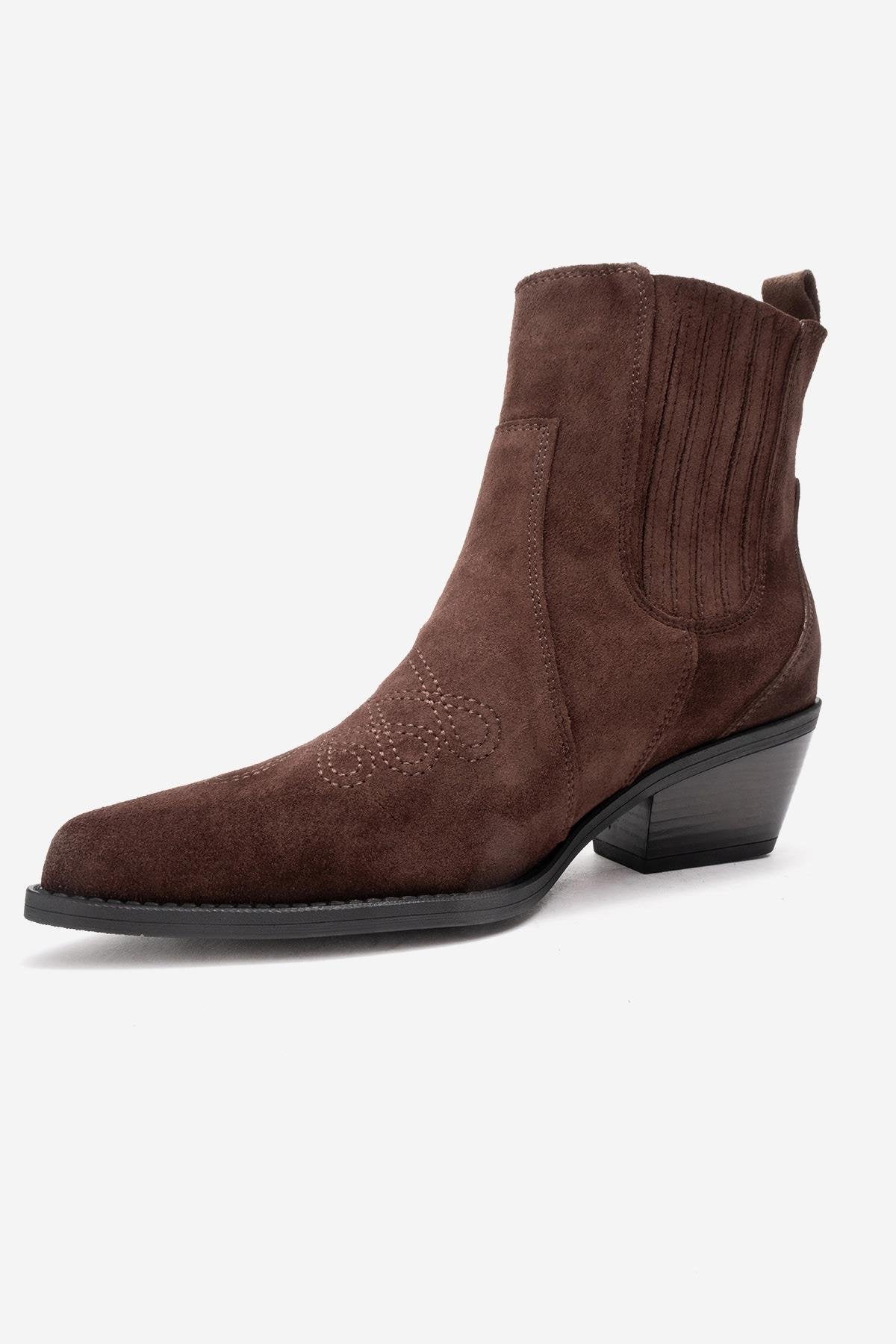 JULIETA - Brown Genuine Suede Leather Block Heel Western Boot (Women)