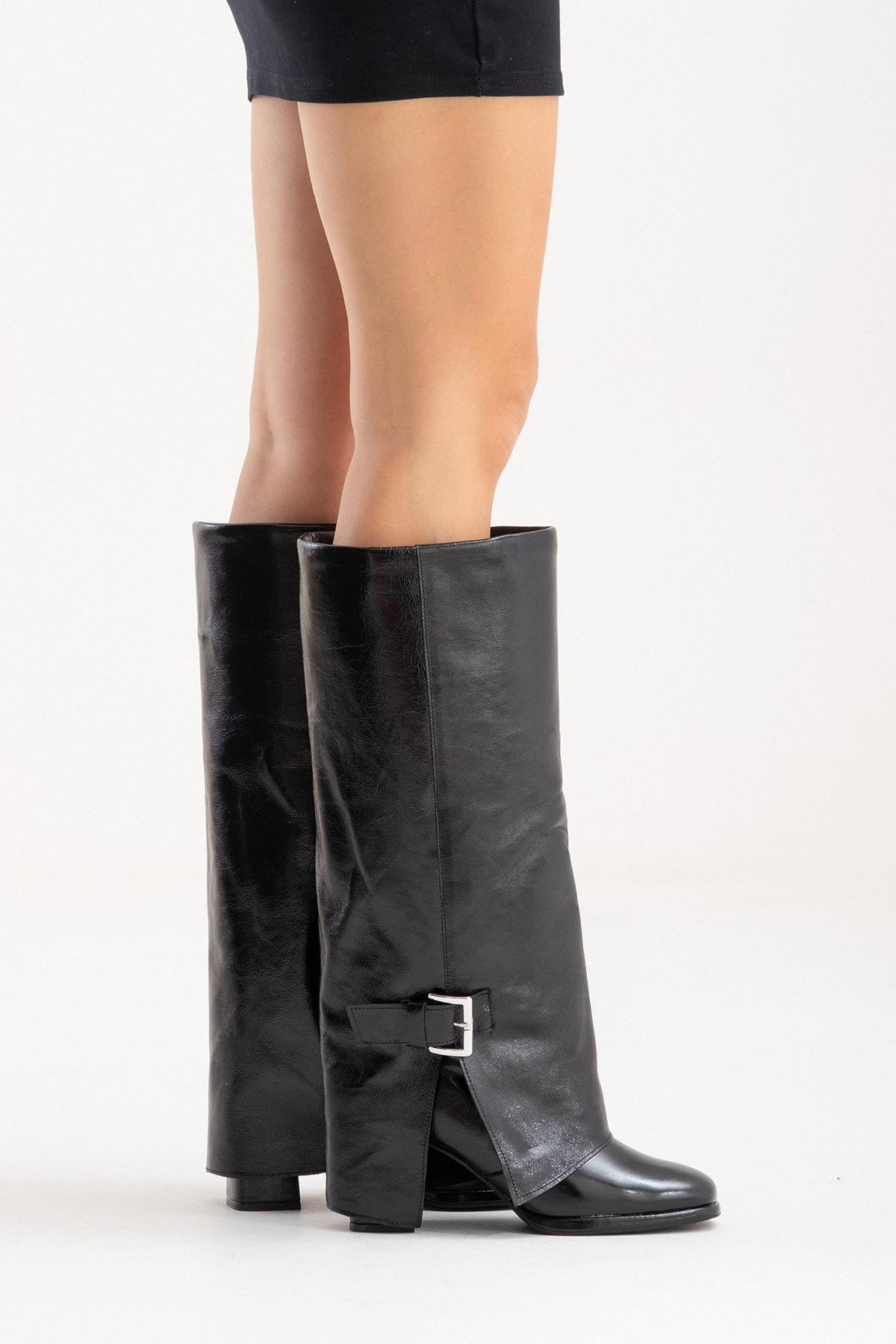 LOJO - Black Genuine Leather Block Heel Boot (Women)