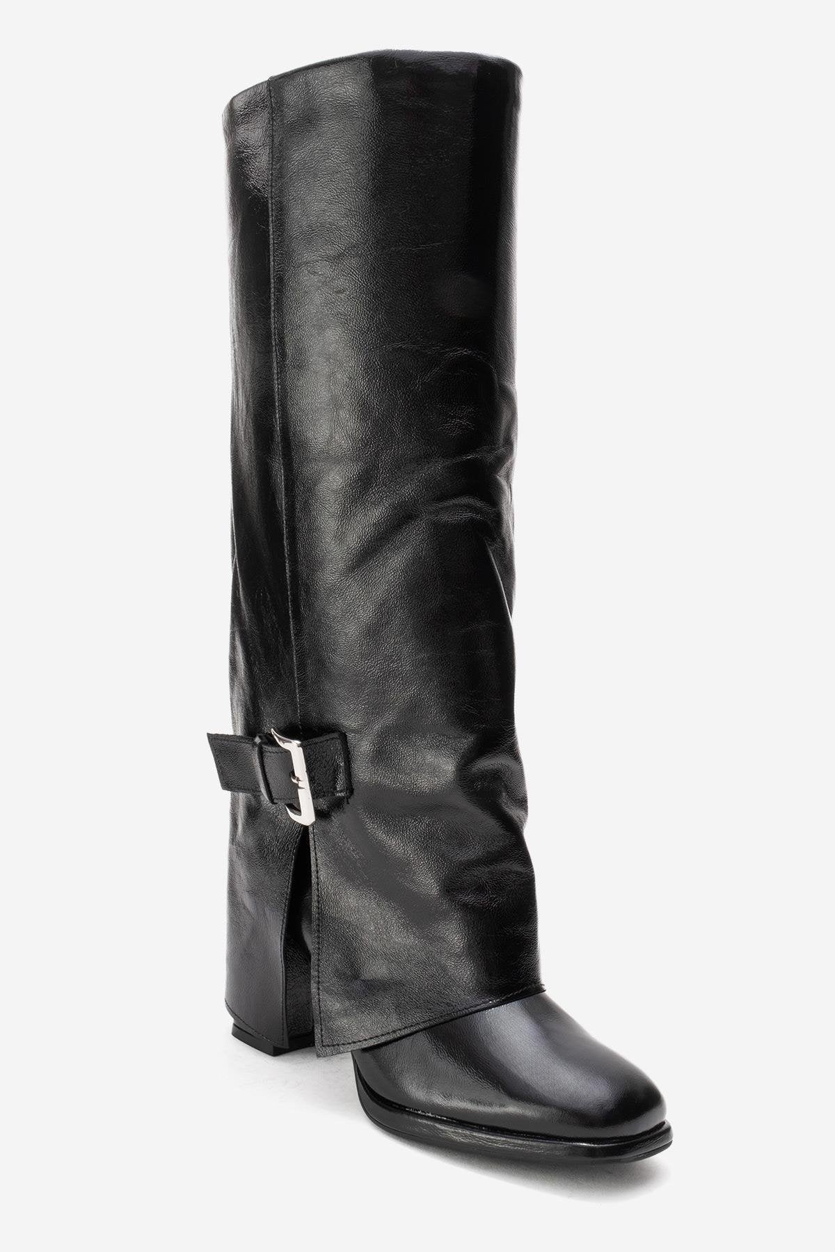 LOJO - Black Genuine Leather Block Heel Boot (Women)
