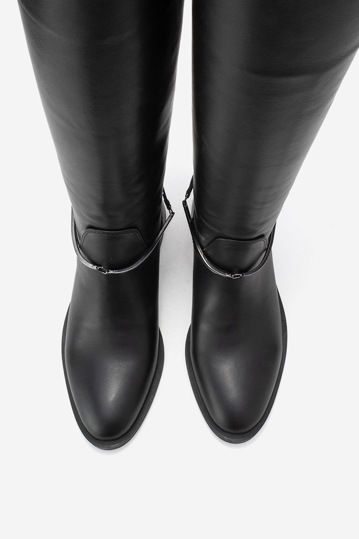 ANSEL - Black Genuine Leather Flat Heel Knee-High Boot (Women)