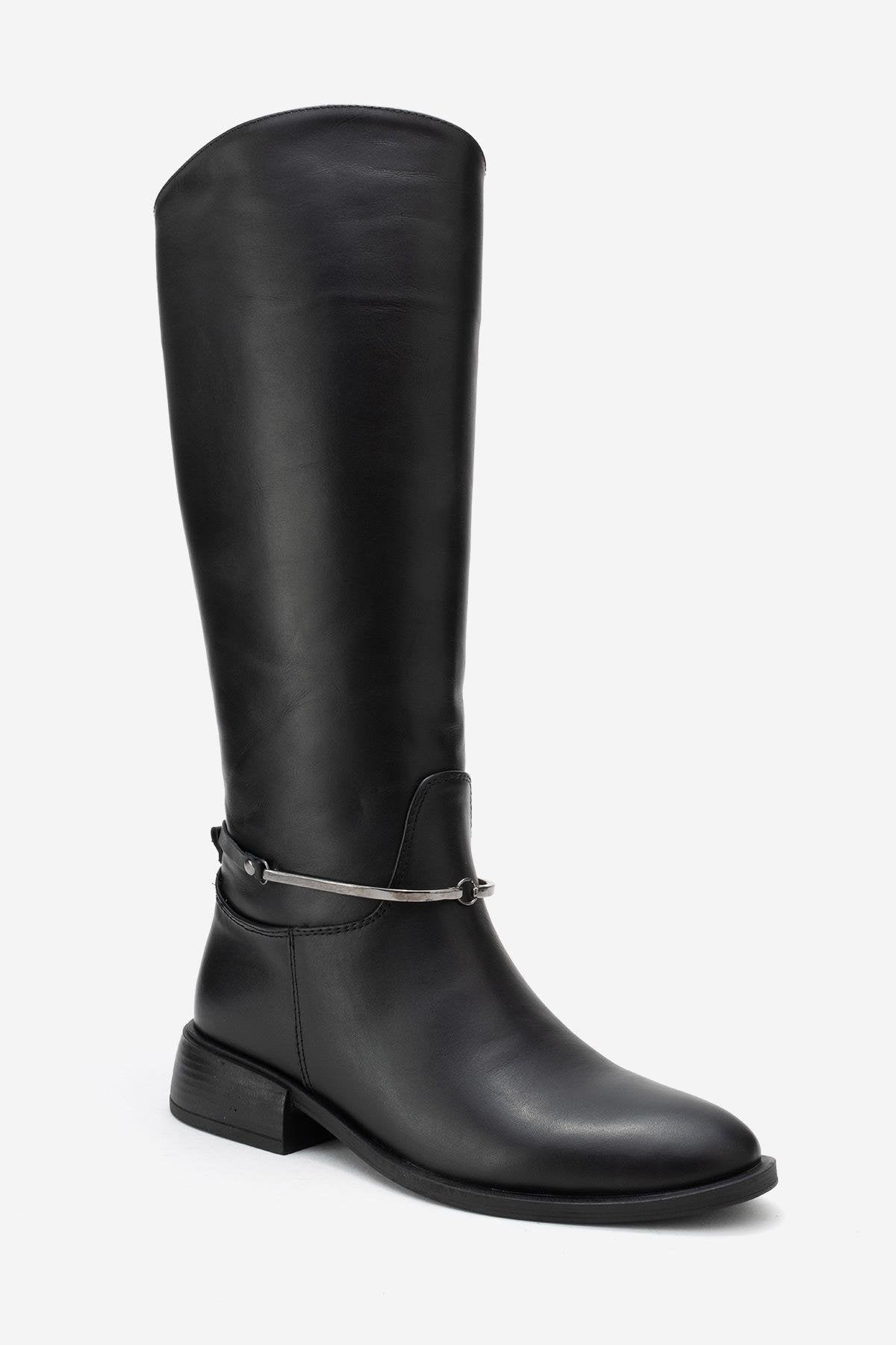 ANSEL - Black Genuine Leather Flat Heel Knee-High Boot (Women)