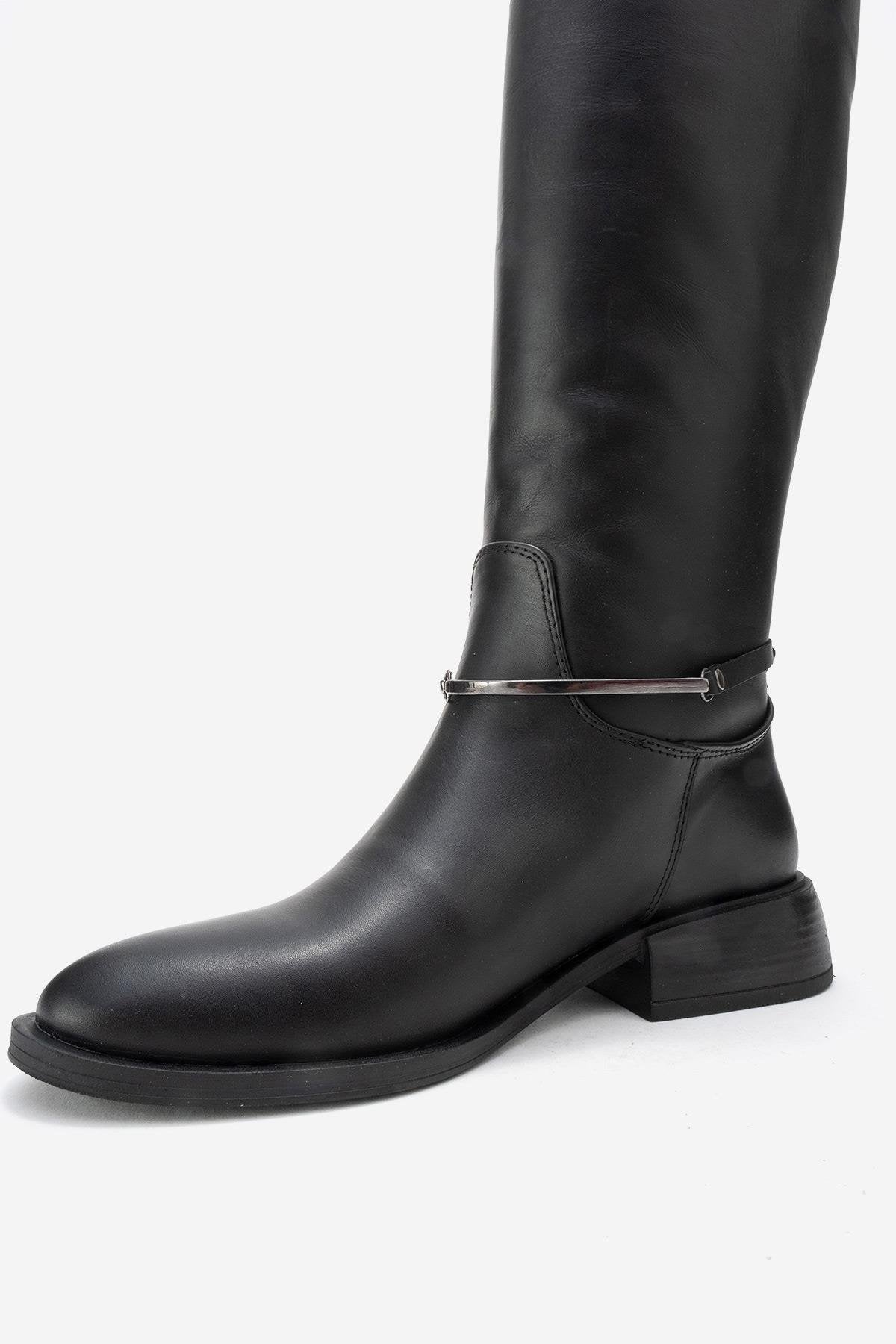 ANSEL - Black Genuine Leather Flat Heel Knee-High Boot (Women)