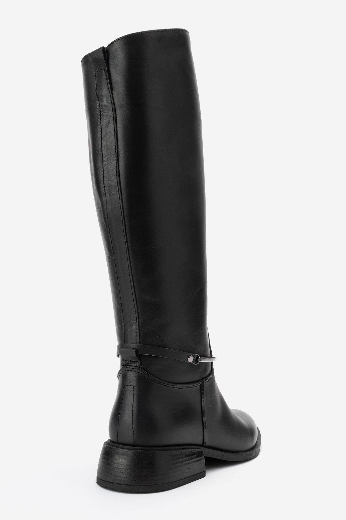 ANSEL - Black Genuine Leather Flat Heel Knee-High Boot (Women)