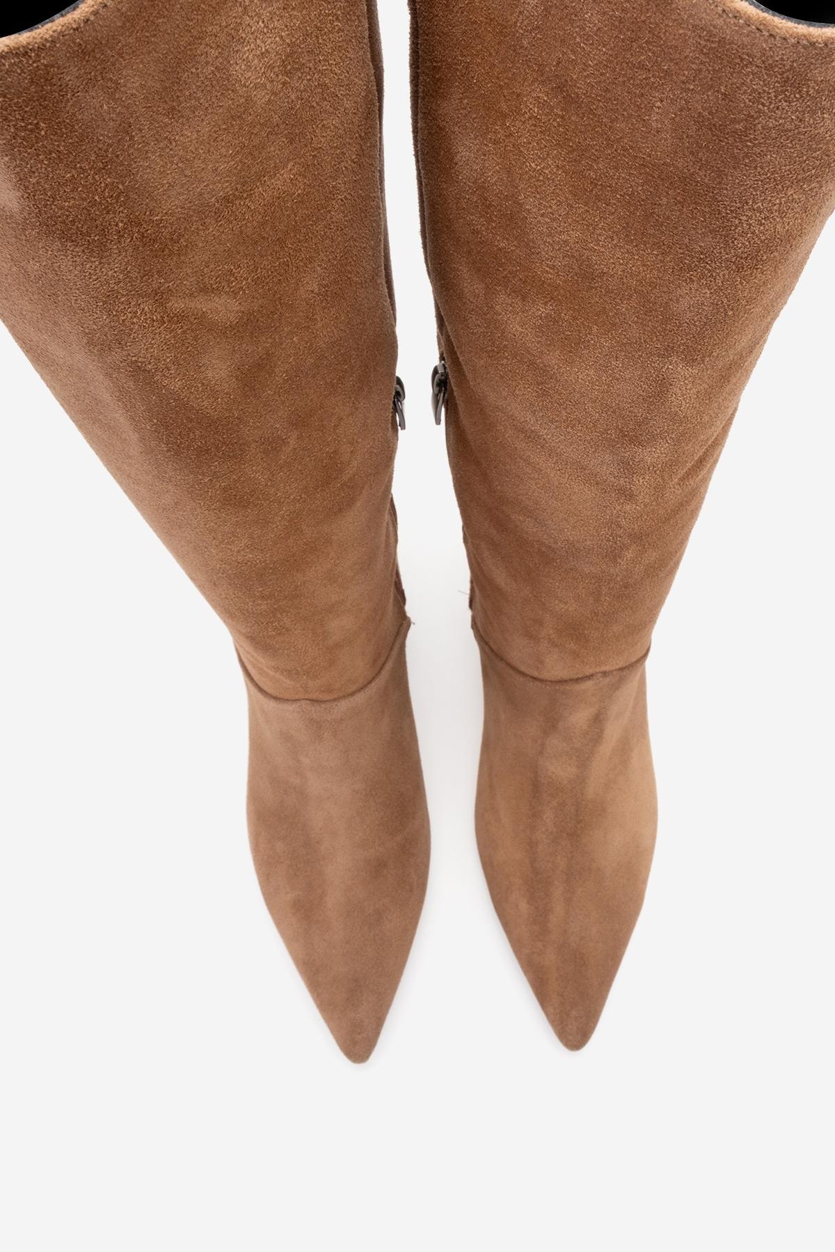 MERLA - Taupe Suede Genuine Leather Block Heel Boot (Women)
