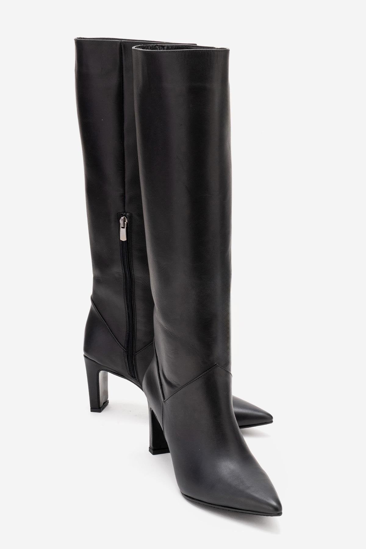 MERLA - Black Genuine Leather Block Heel Boot (Women)