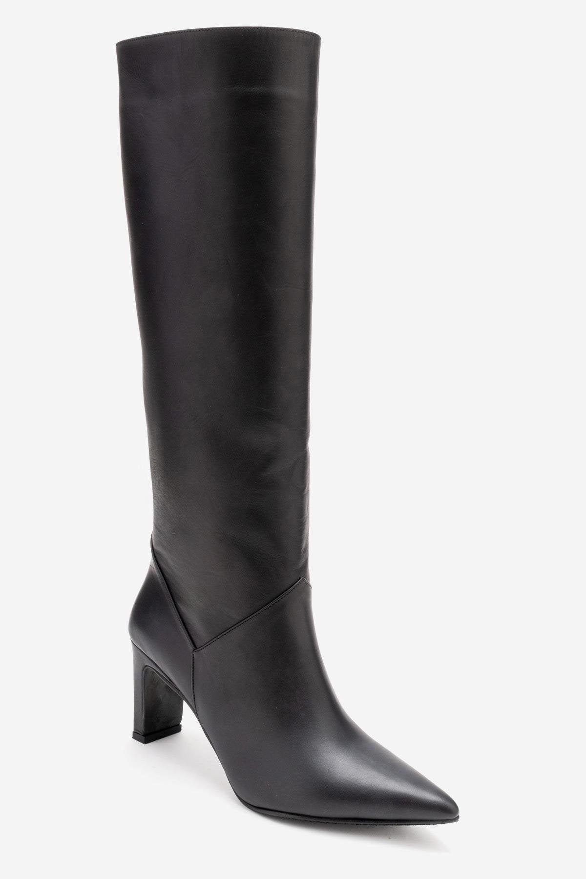 MERLA - Black Genuine Leather Block Heel Boot (Women)
