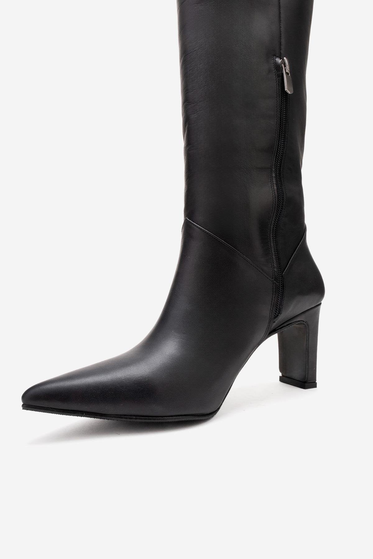 MERLA - Black Genuine Leather Block Heel Boot (Women)