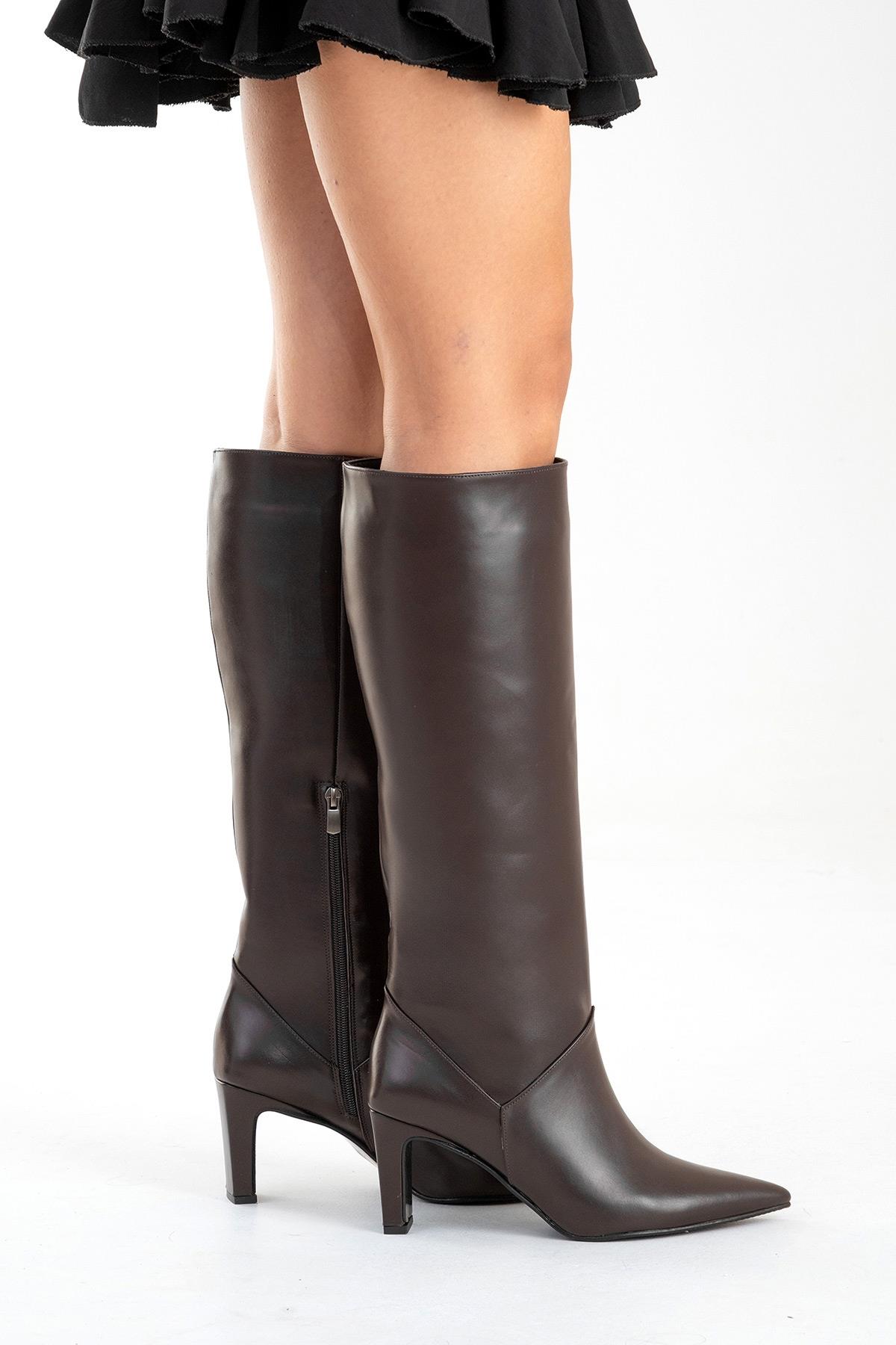 MERLA - Brown Genuine Leather Block Heel Boot (Women)