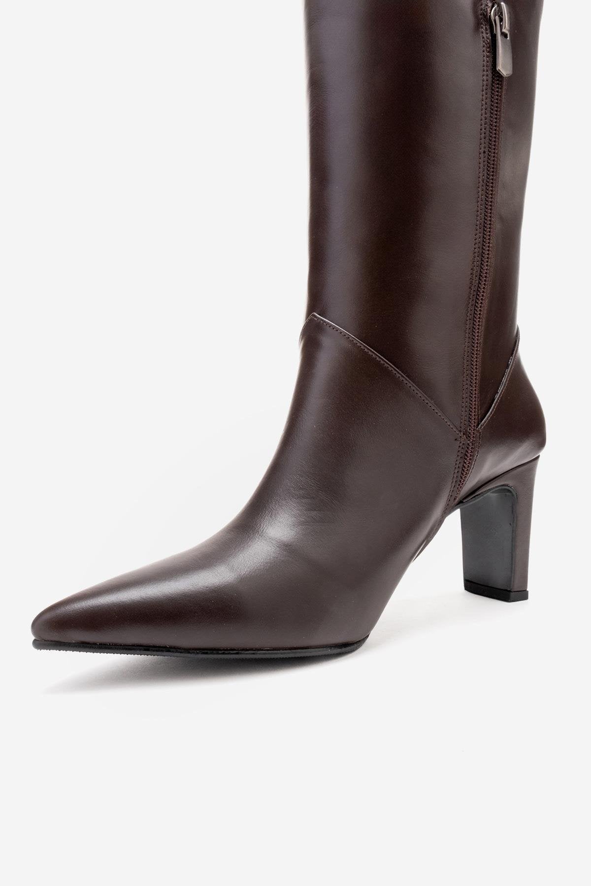 MERLA - Brown Genuine Leather Block Heel Boot (Women)