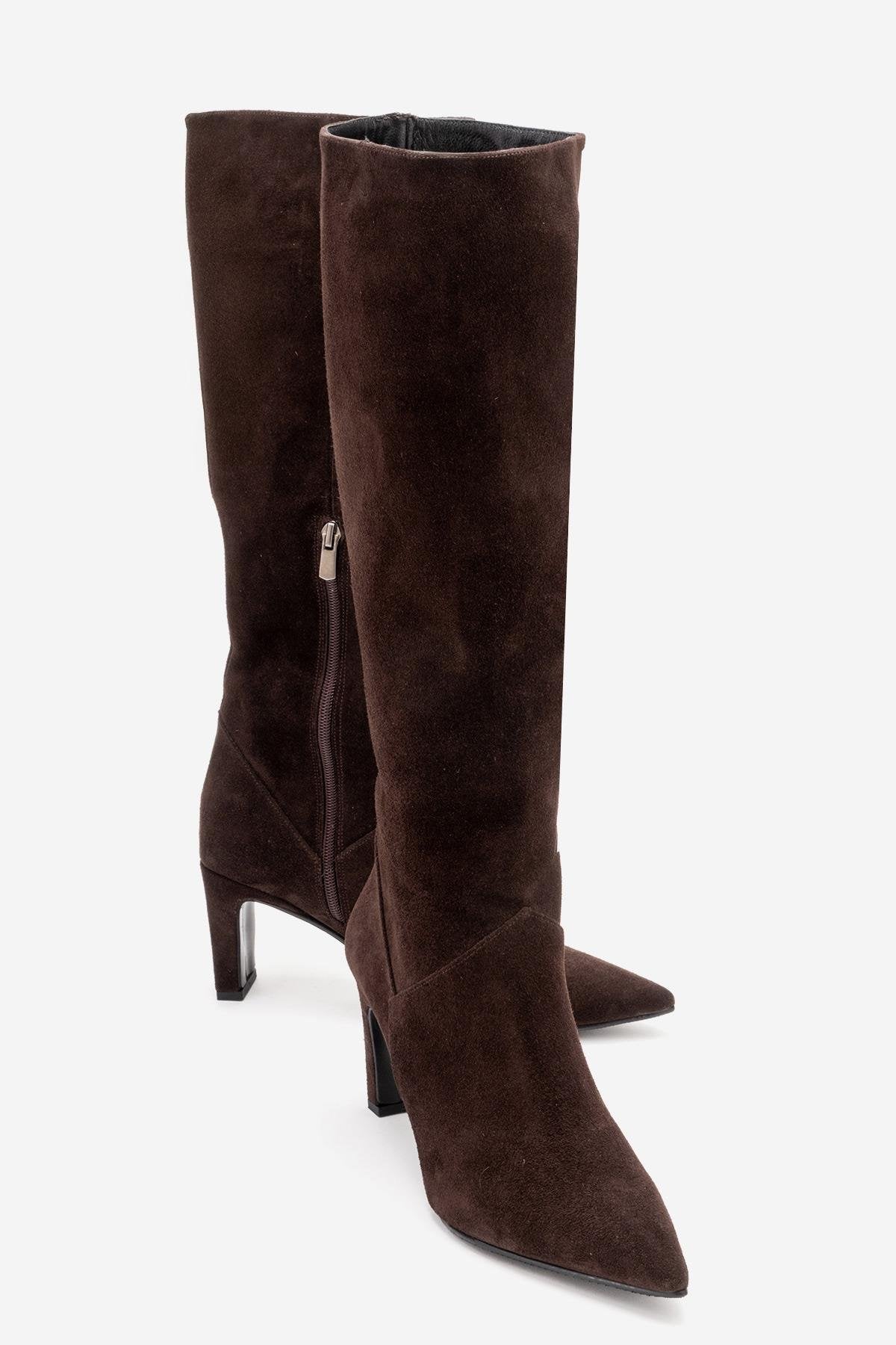 MERLA - Brown Suede Genuine Leather Block Heel Boot (Women)
