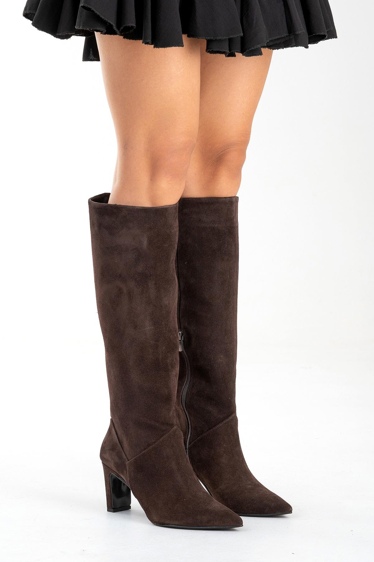 MERLA - Brown Suede Genuine Leather Block Heel Boot (Women)