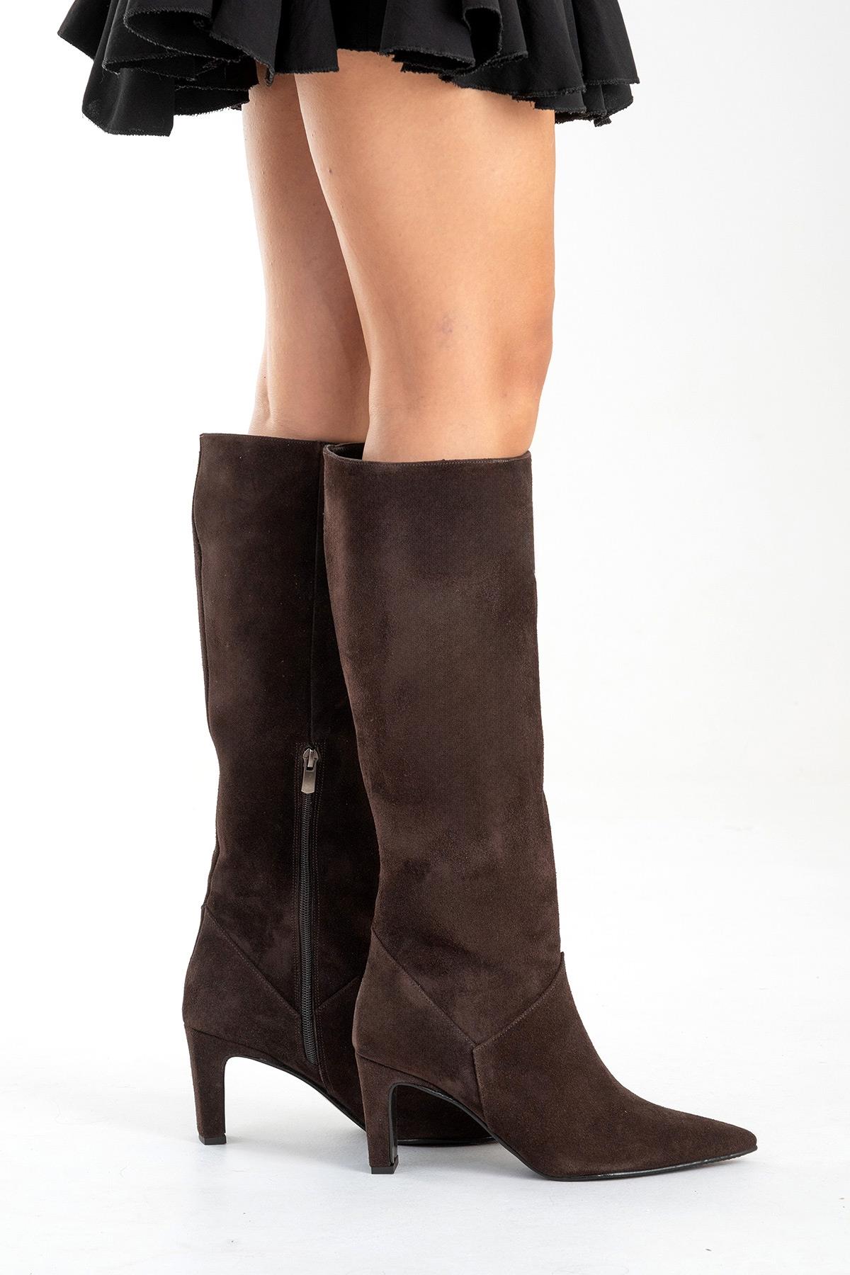 MERLA - Brown Suede Genuine Leather Block Heel Boot (Women)