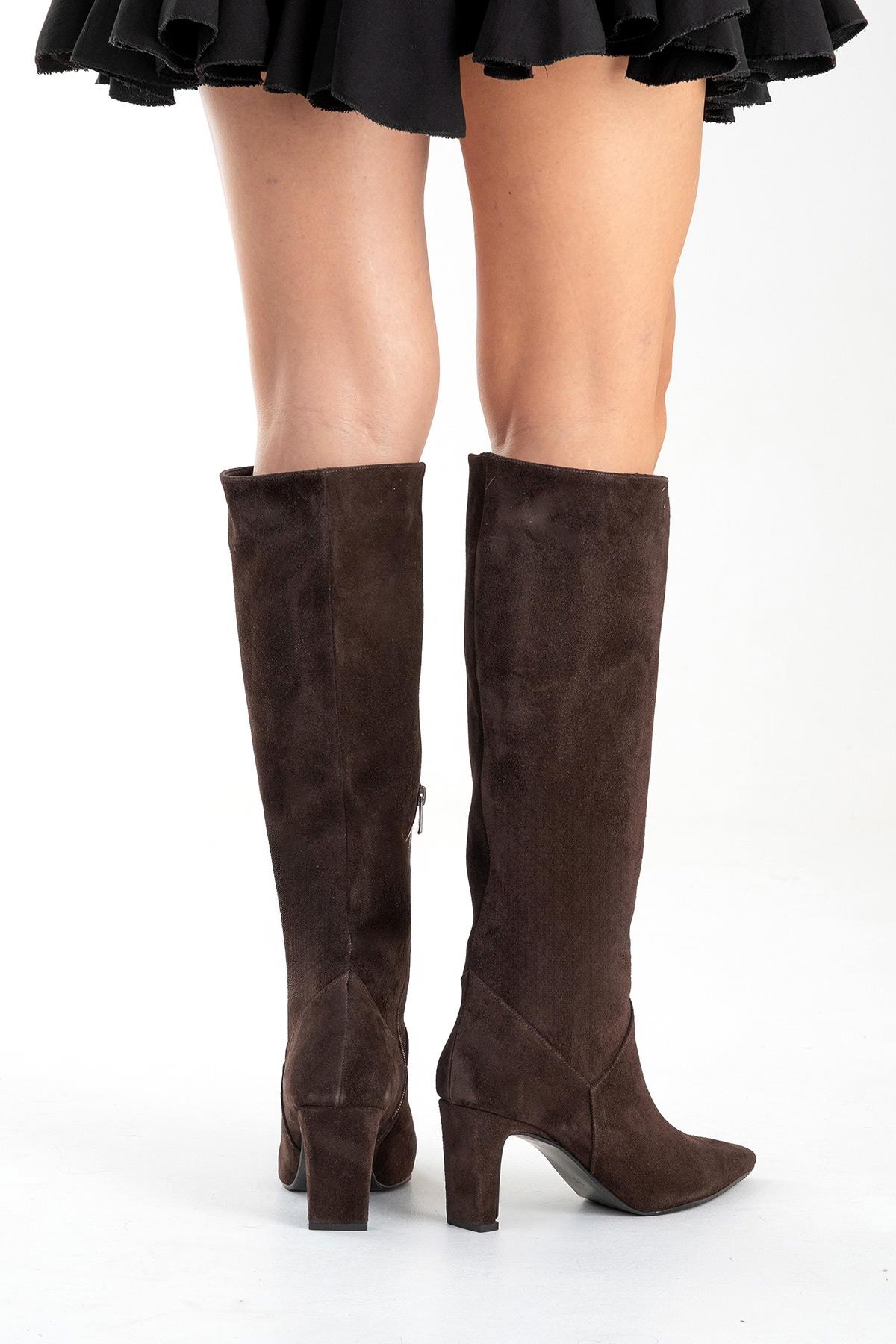 MERLA - Brown Suede Genuine Leather Block Heel Boot (Women)