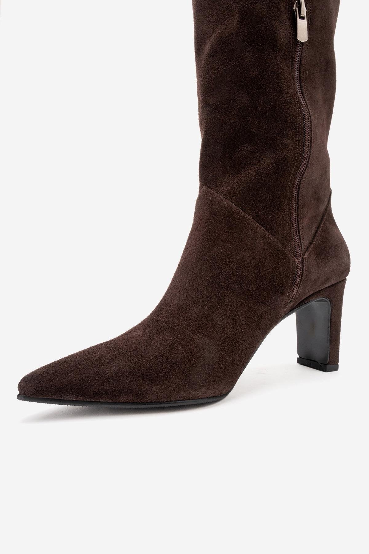 MERLA - Brown Suede Genuine Leather Block Heel Boot (Women)