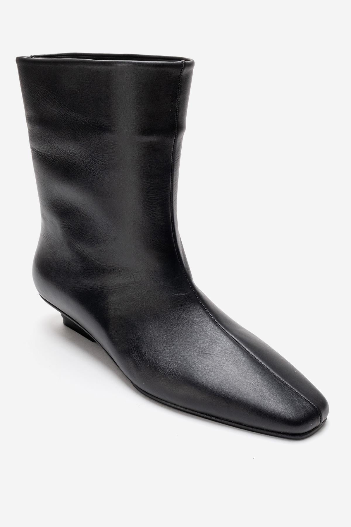 NACHO - Black Genuine Leather Minimal Block Heel Ankle Boot (Women)