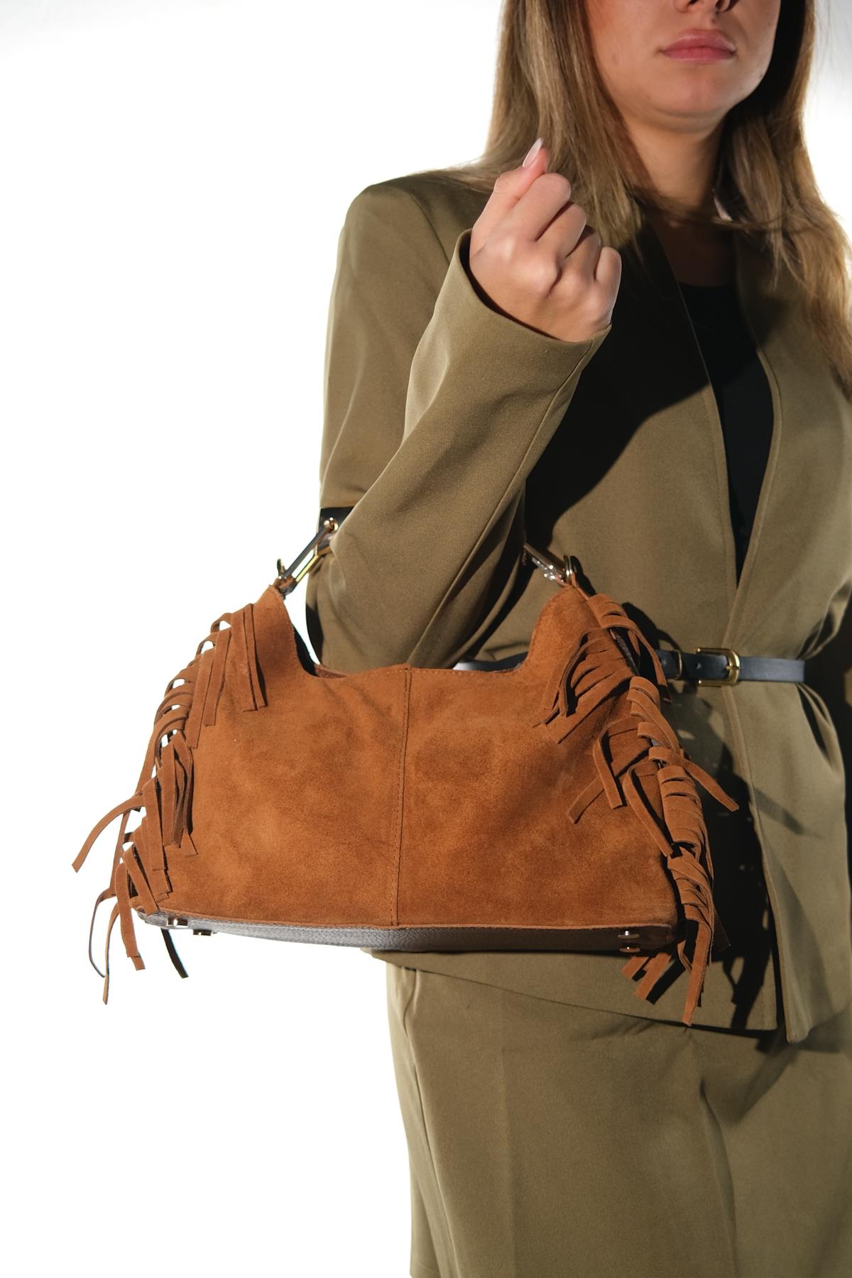 ASTREN - Cognac Genuine Suede Leather Shoulder Bag (Women)