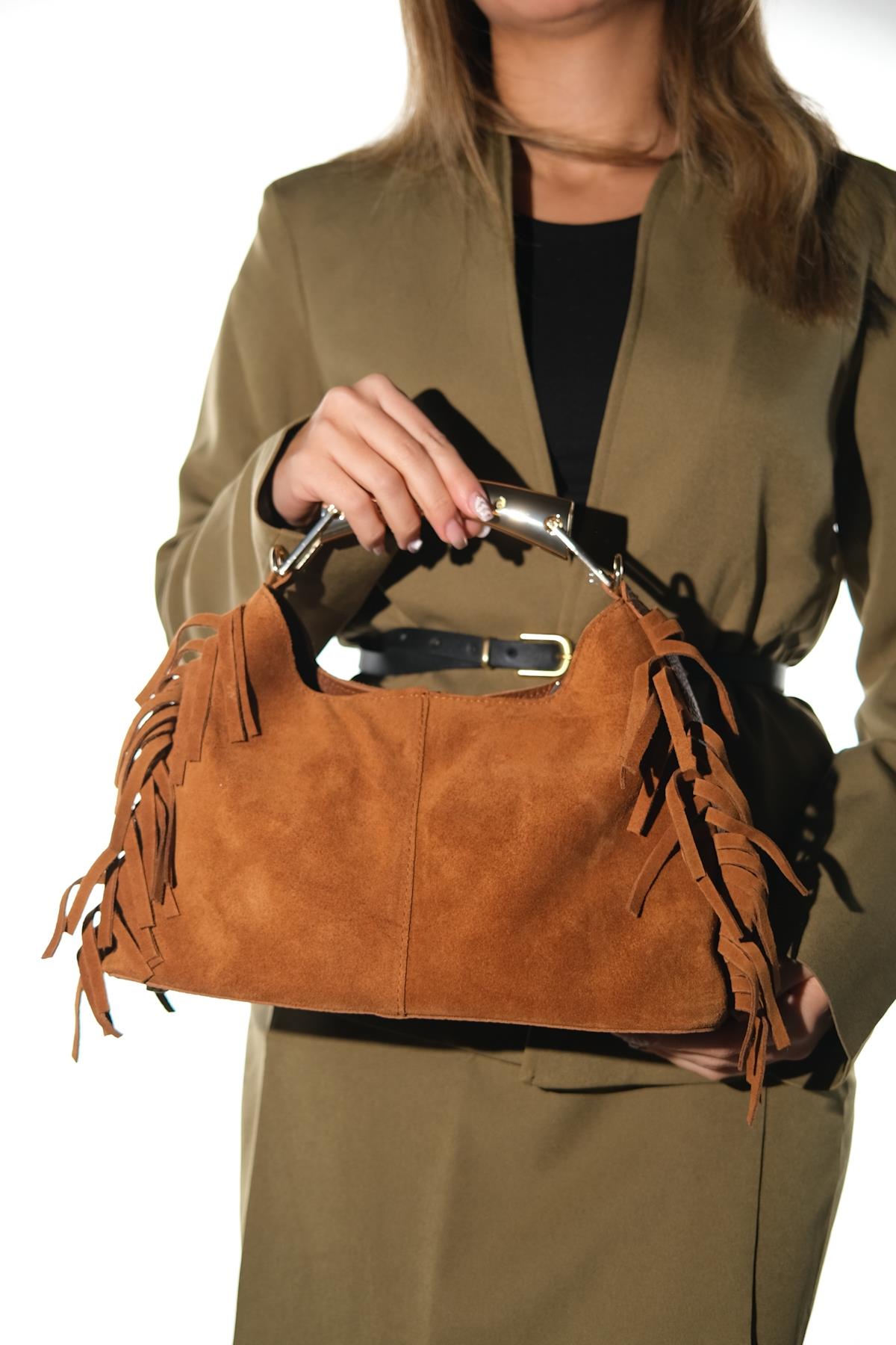 ASTREN - Cognac Genuine Suede Leather Shoulder Bag (Women)