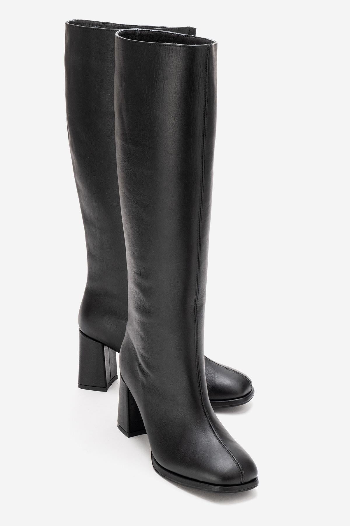 JAVEN - Black Genuine Leather Block Heel Boot (Women)