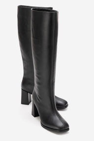 JAVEN - Black Genuine Leather Block Heel Boot (Women)