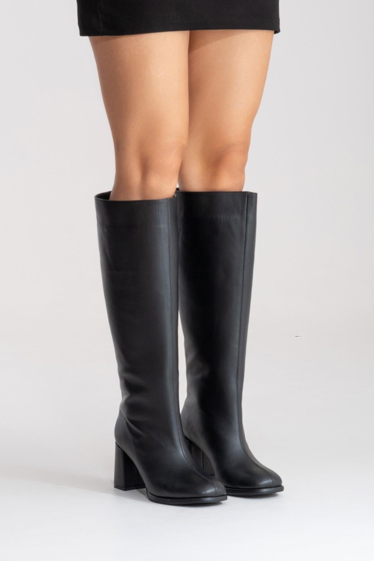 JAVEN - Black Genuine Leather Block Heel Boot (Women)