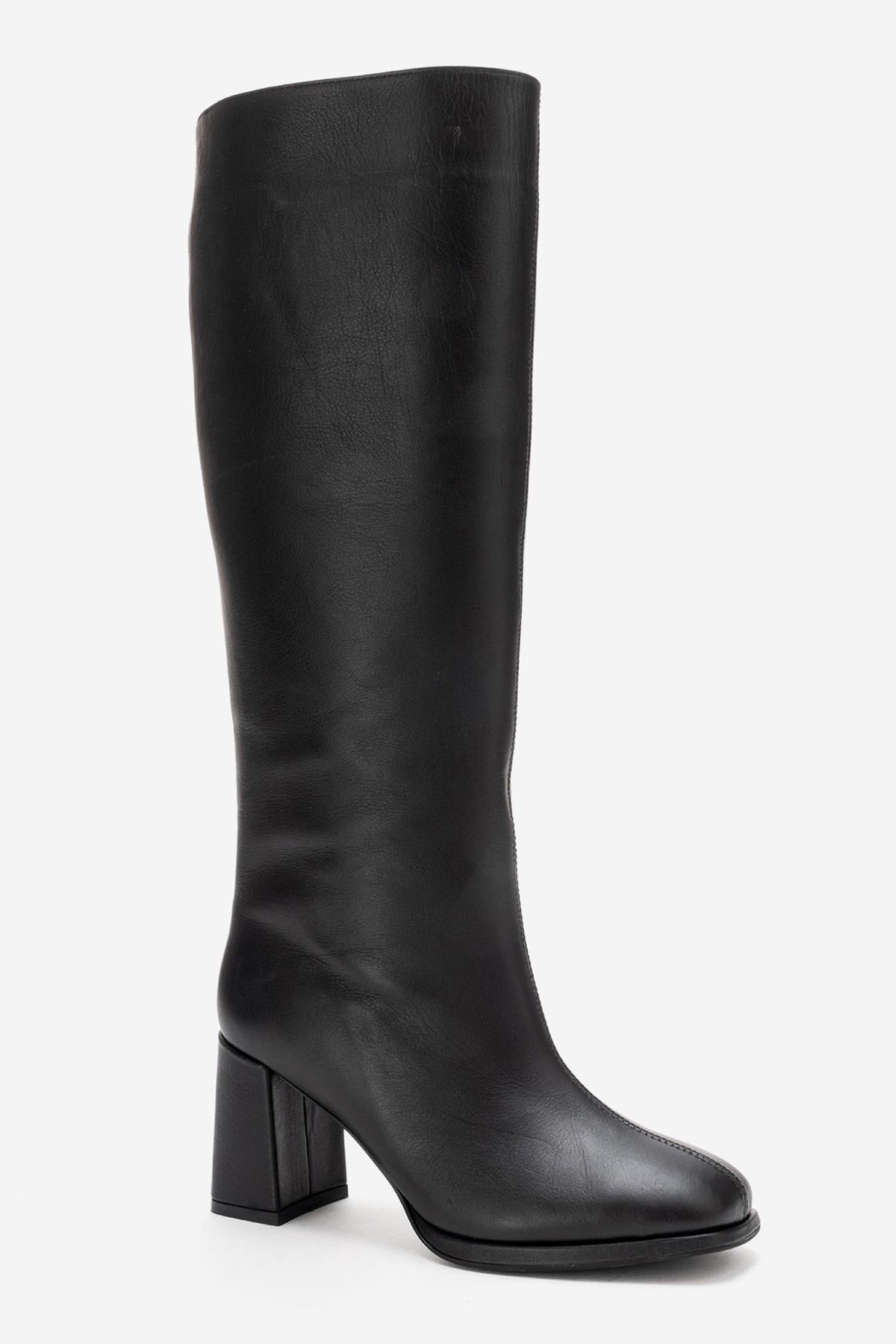 JAVEN - Black Genuine Leather Block Heel Boot (Women)
