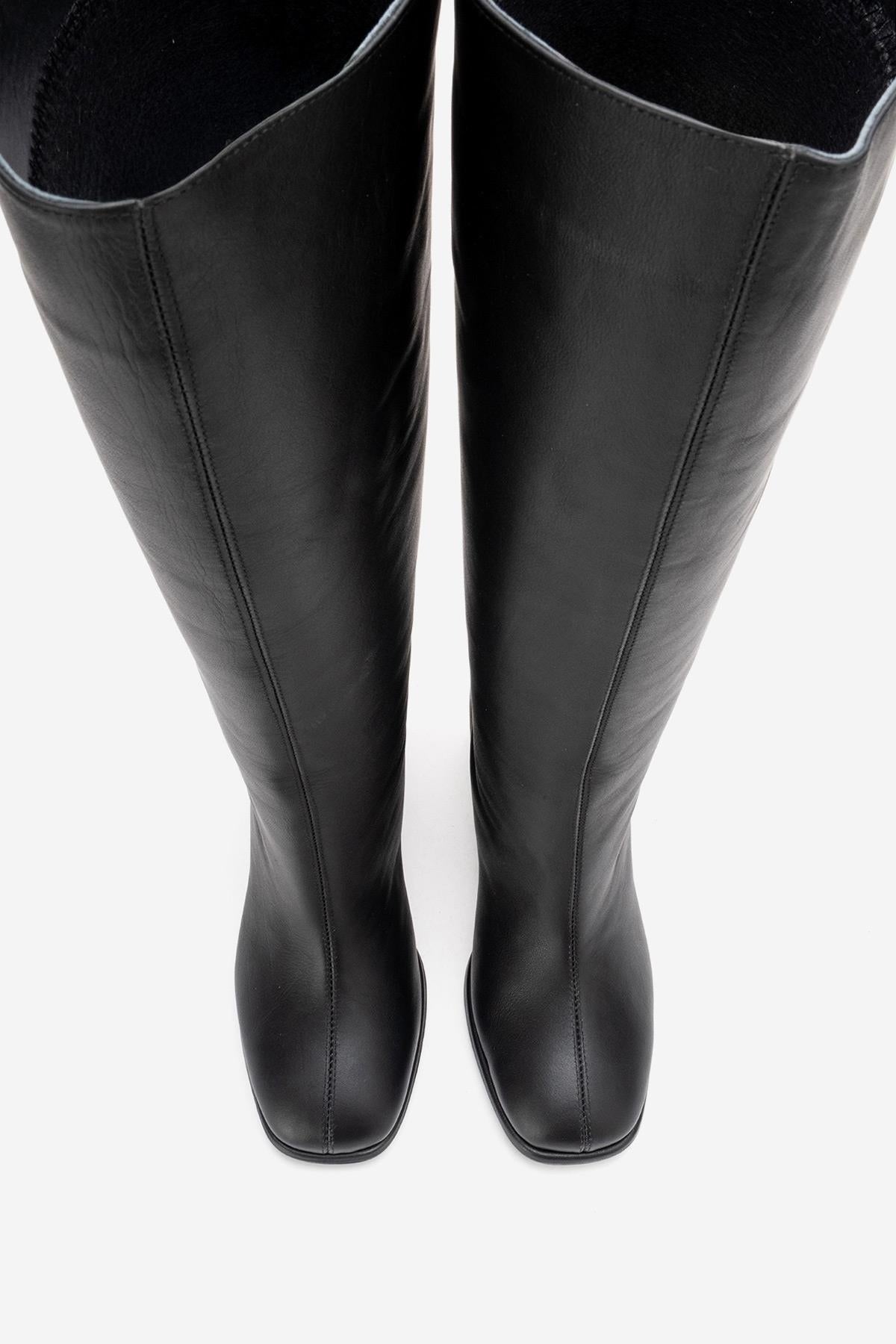 JAVEN - Black Genuine Leather Block Heel Boot (Women)