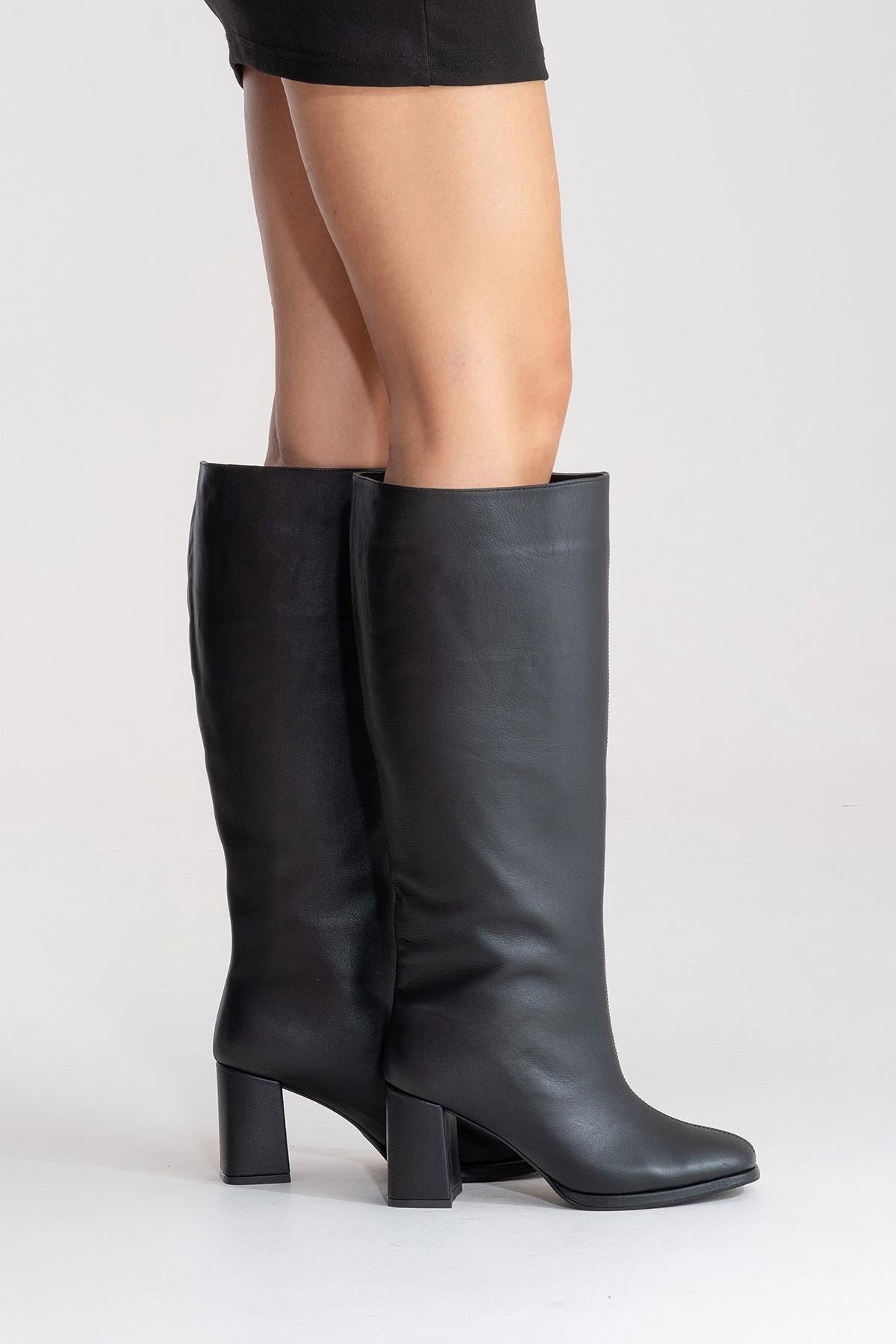 JAVEN - Black Genuine Leather Block Heel Boot (Women)