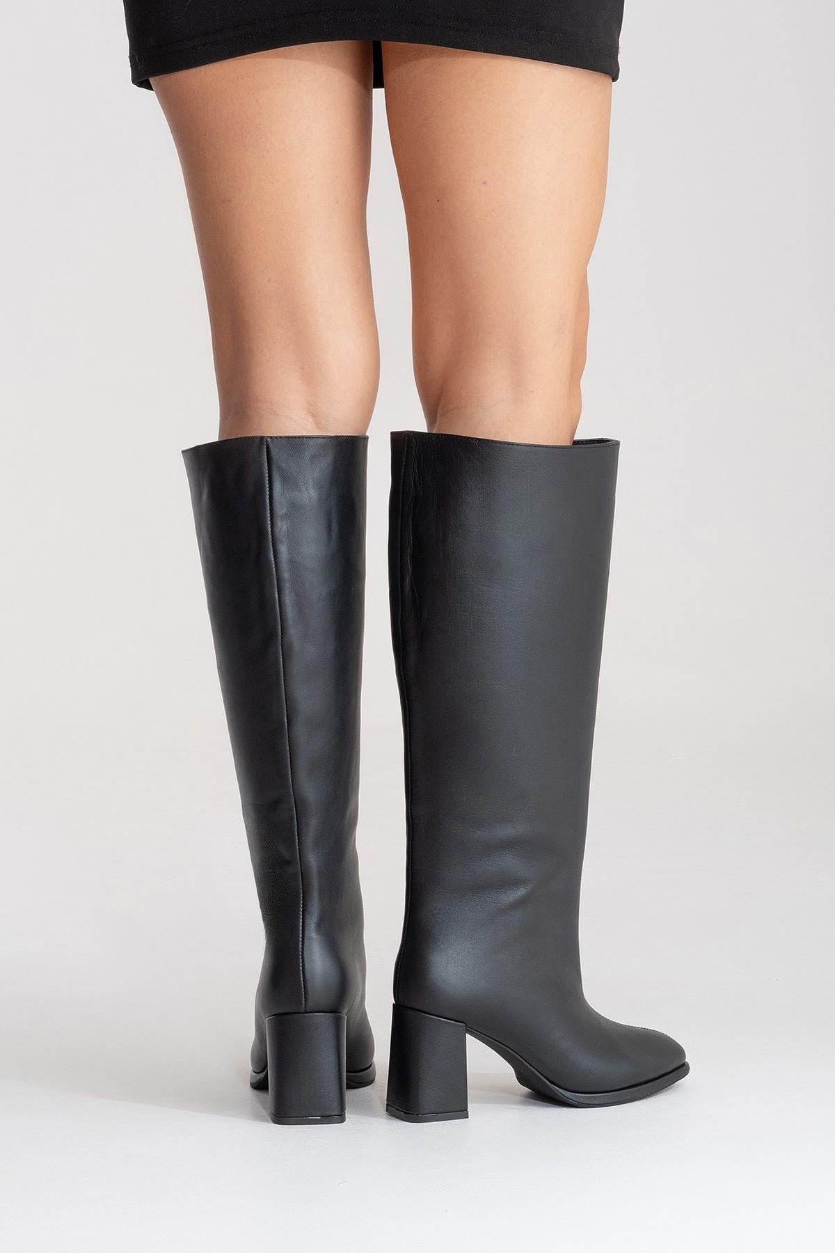 JAVEN - Black Genuine Leather Block Heel Boot (Women)