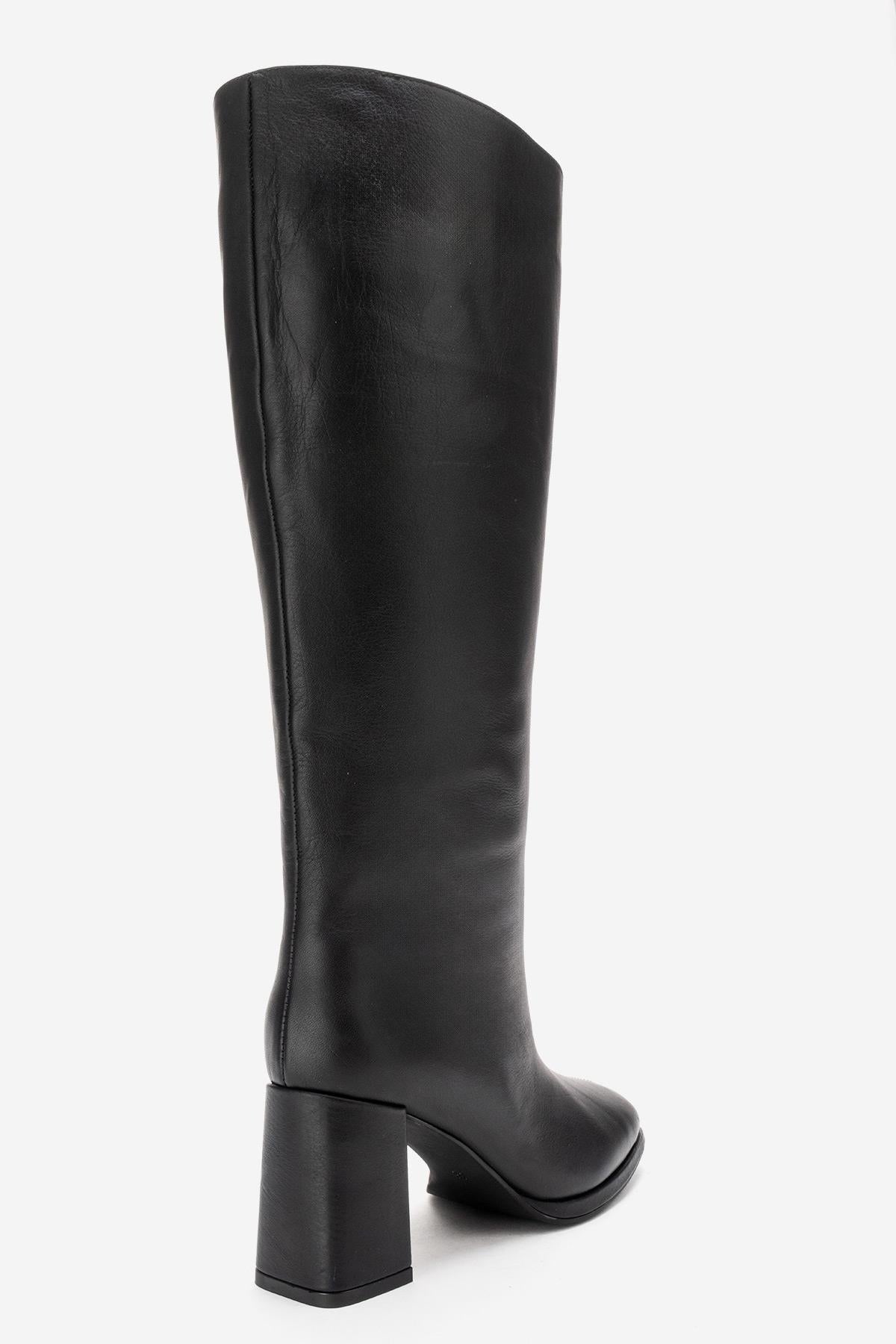 JAVEN - Black Genuine Leather Block Heel Boot (Women)