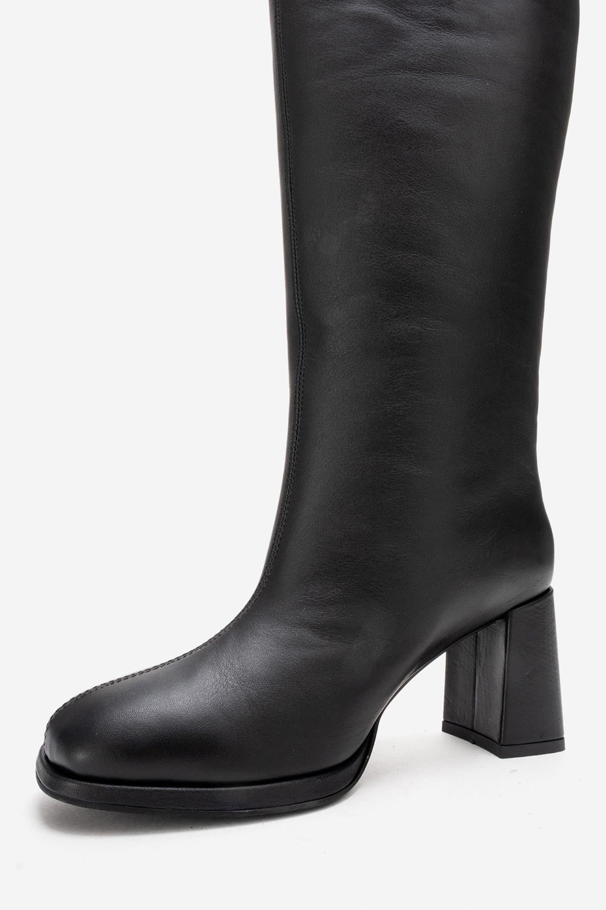 JAVEN - Black Genuine Leather Block Heel Boot (Women)