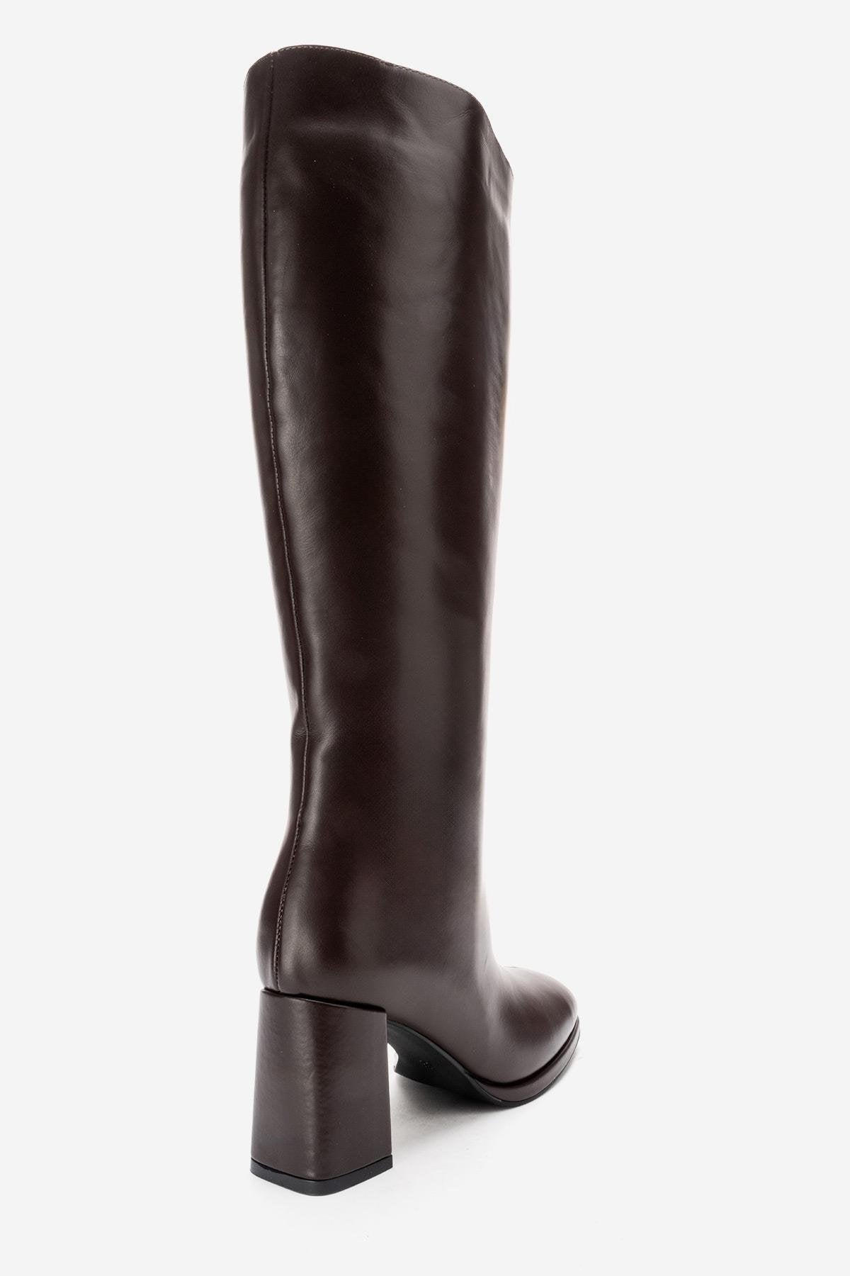 JAVEN - Brown Genuine Leather Block Heel Boot (Women)