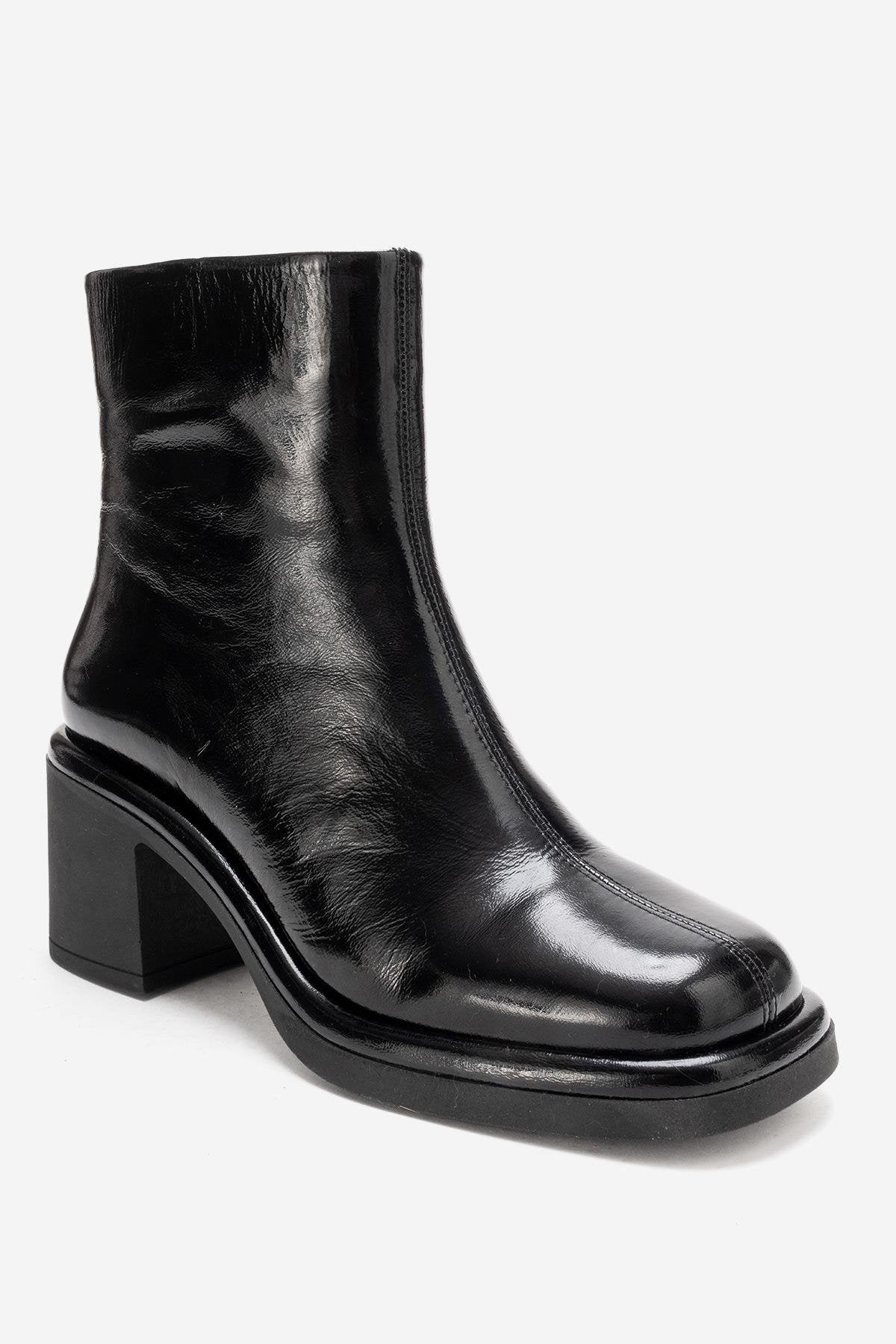 JUNAE - Black Genuine Leather Block Heel Boot (Women)