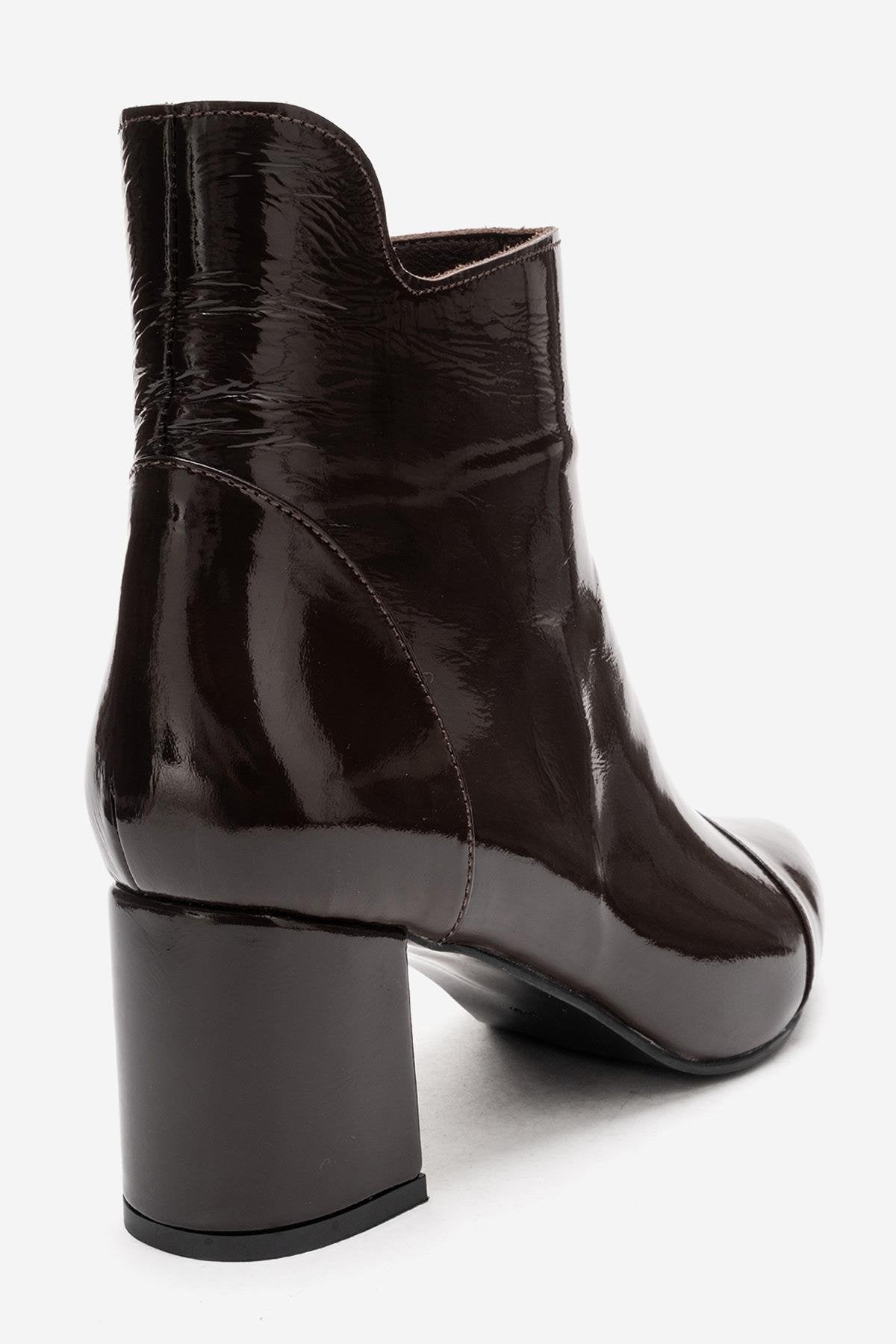 GAEL - Brown Crinkled Patent Genuine Leather Block Heel Boot (Women)