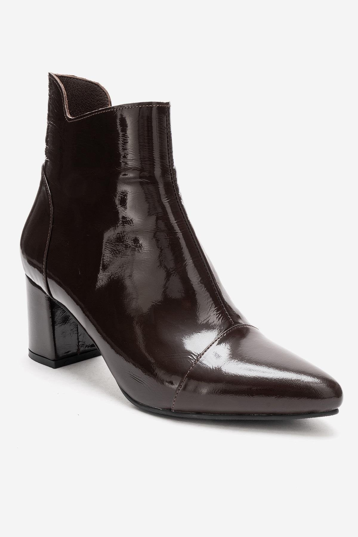 GAEL - Brown Crinkled Patent Genuine Leather Block Heel Boot (Women)