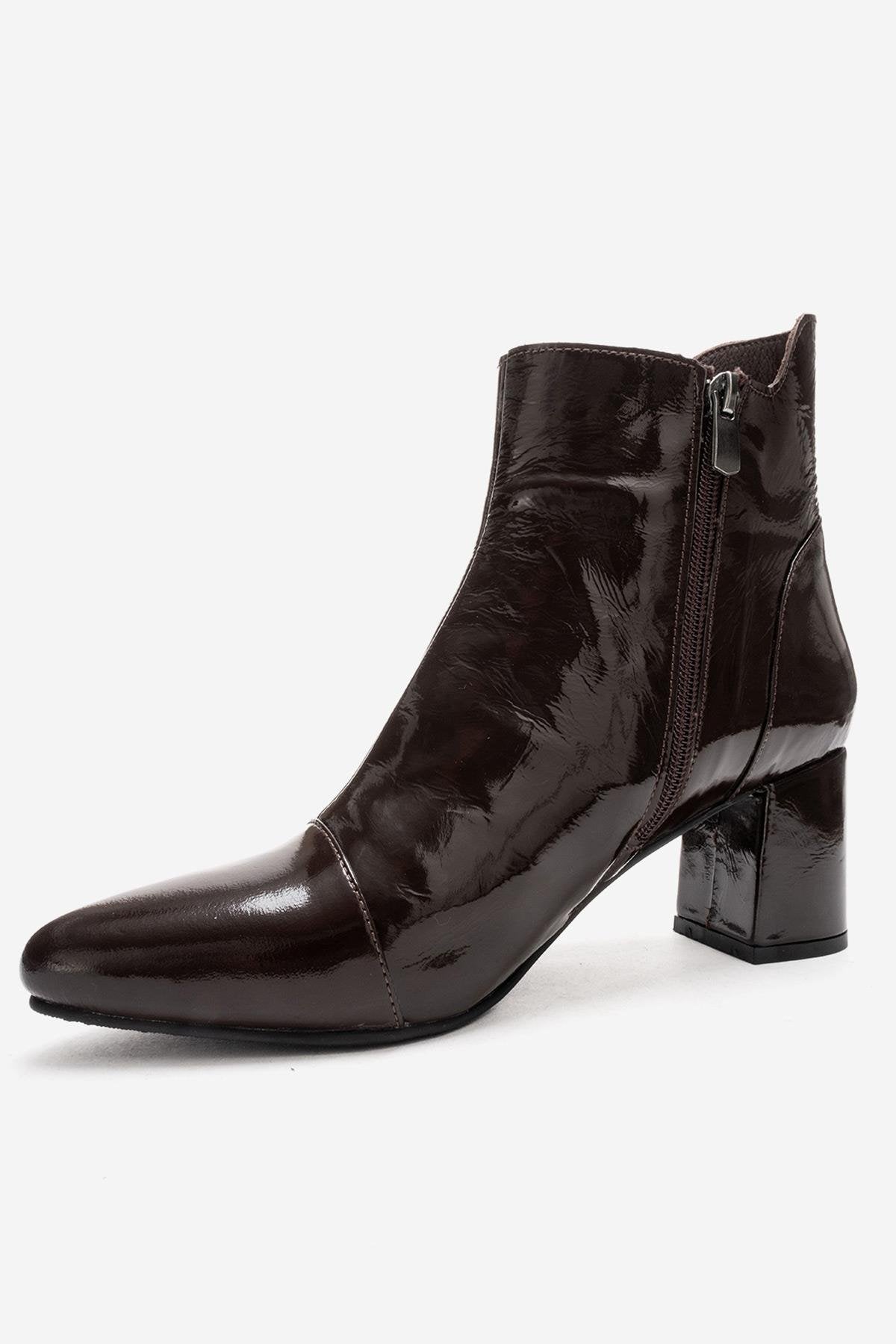 GAEL - Brown Crinkled Patent Genuine Leather Block Heel Boot (Women)