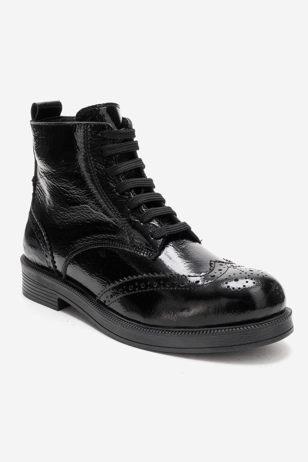 NELVY - Black Patent Genuine Leather Flat Boot (Women)