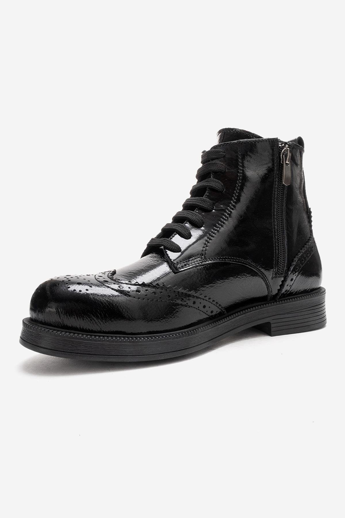 NELVY - Black Patent Genuine Leather Flat Boot (Women)