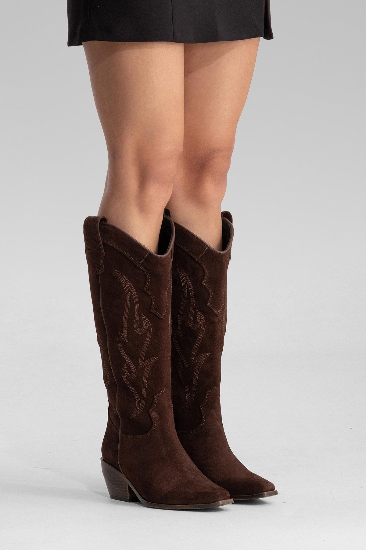 PIETRO - Brown Genuine Suede Block Heel Western Boot (Women)