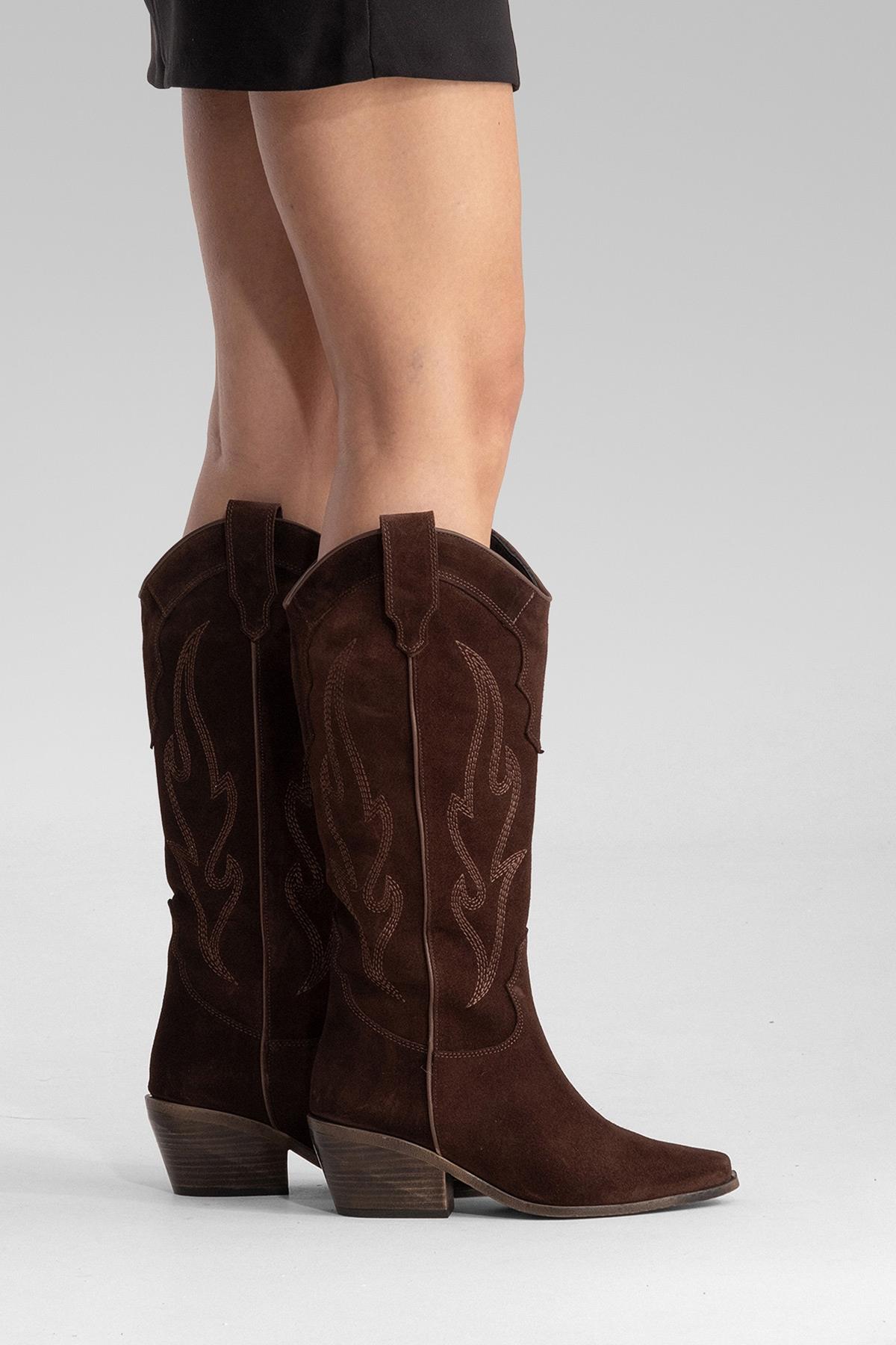 PIETRO - Brown Genuine Suede Block Heel Western Boot (Women)