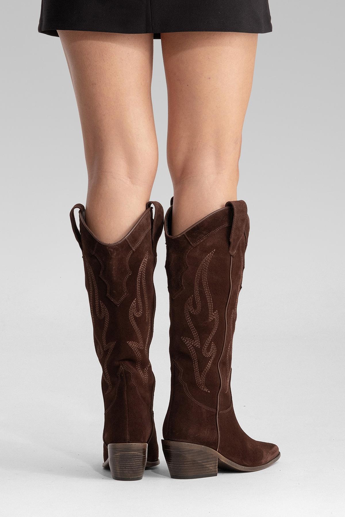 PIETRO - Brown Genuine Suede Block Heel Western Boot (Women)