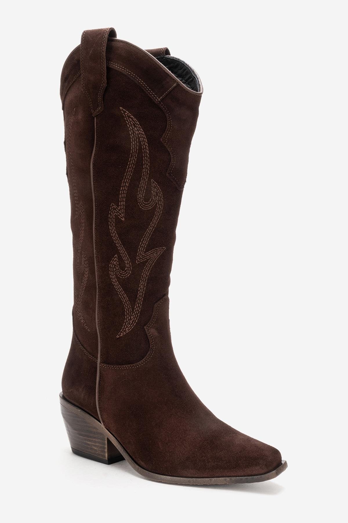 PIETRO - Brown Genuine Suede Block Heel Western Boot (Women)