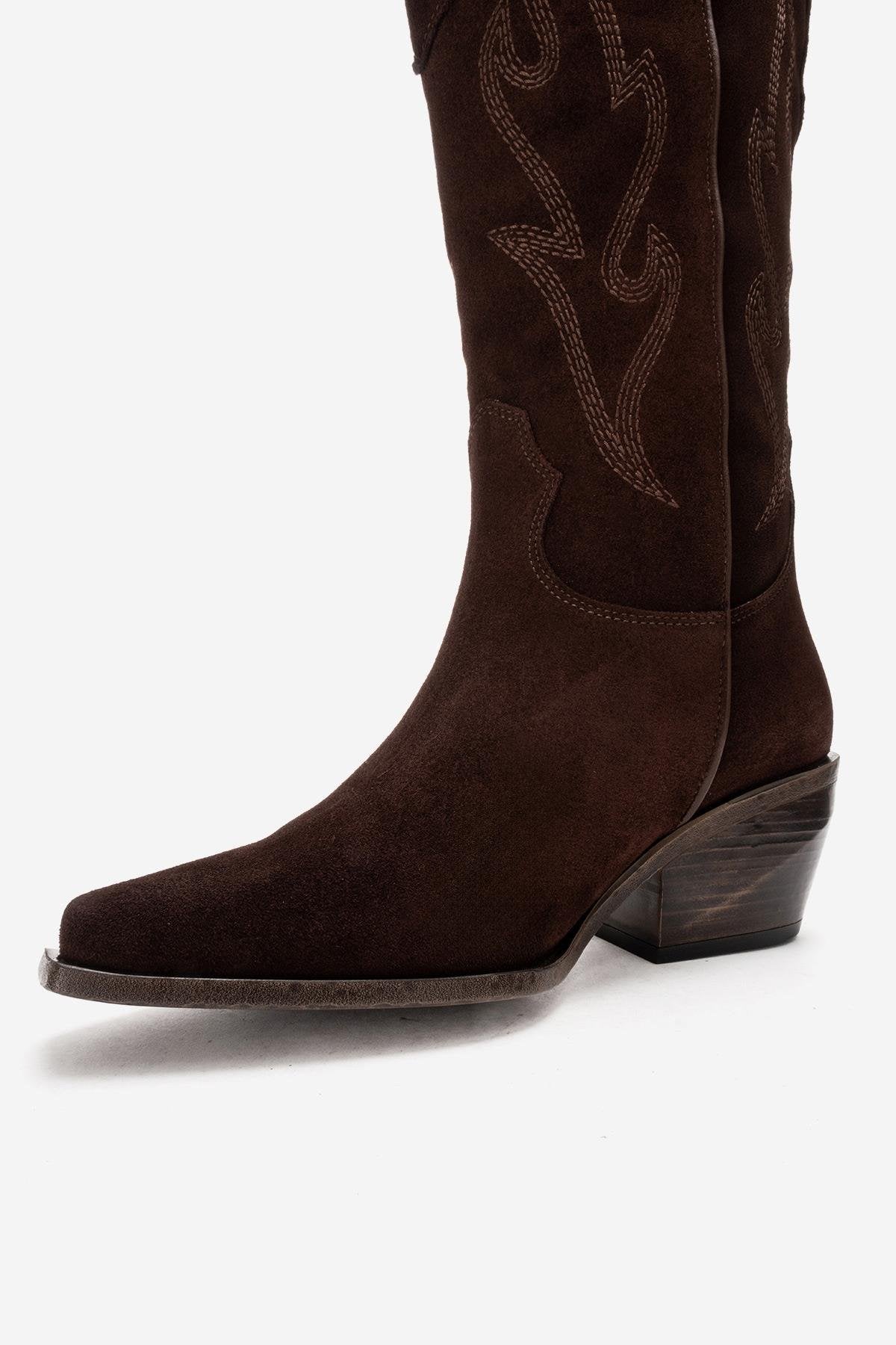 PIETRO - Brown Genuine Suede Block Heel Western Boot (Women)