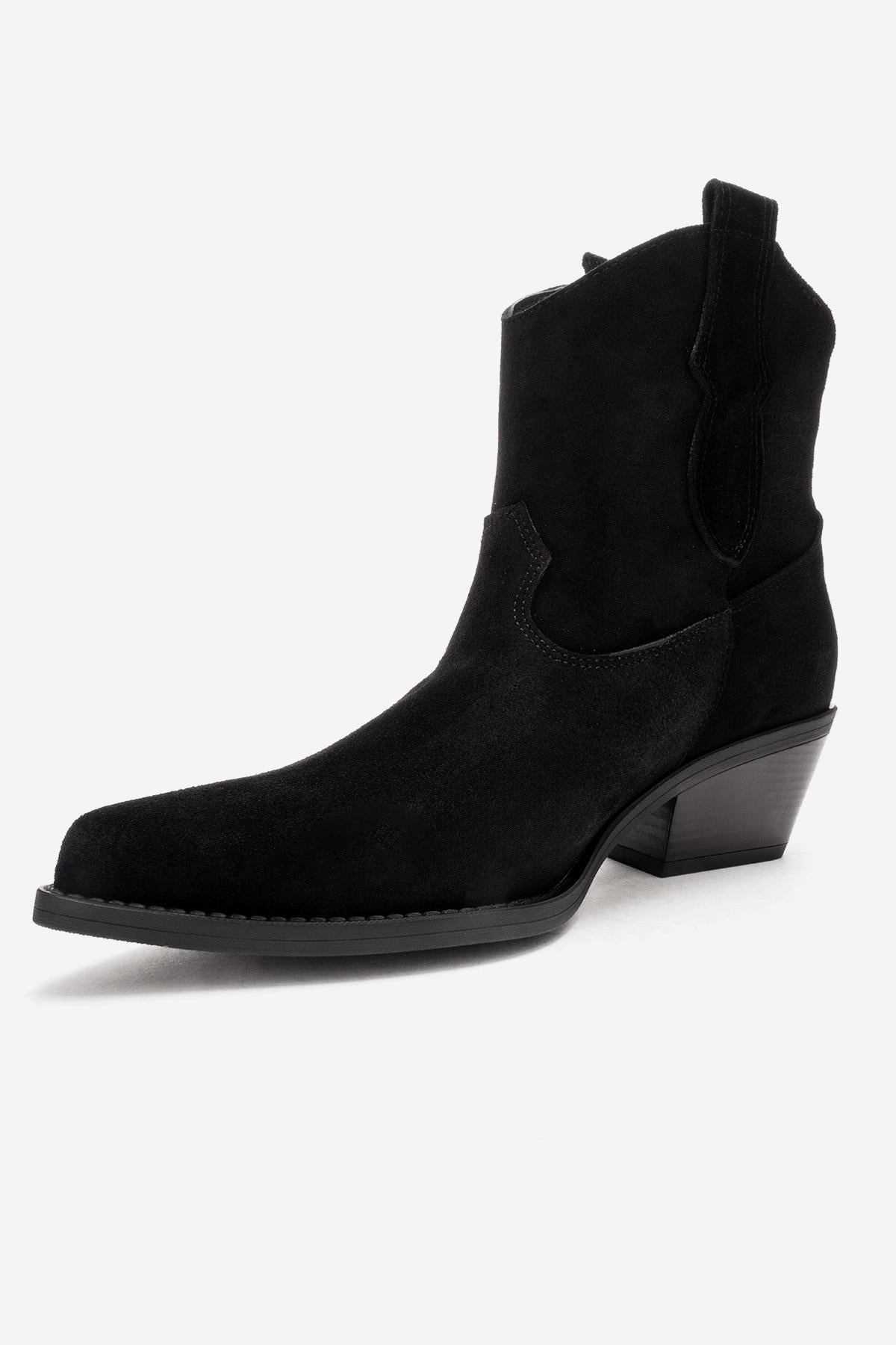 ELIA - Black Genuine Leather Block Heel Western Boot (Women)