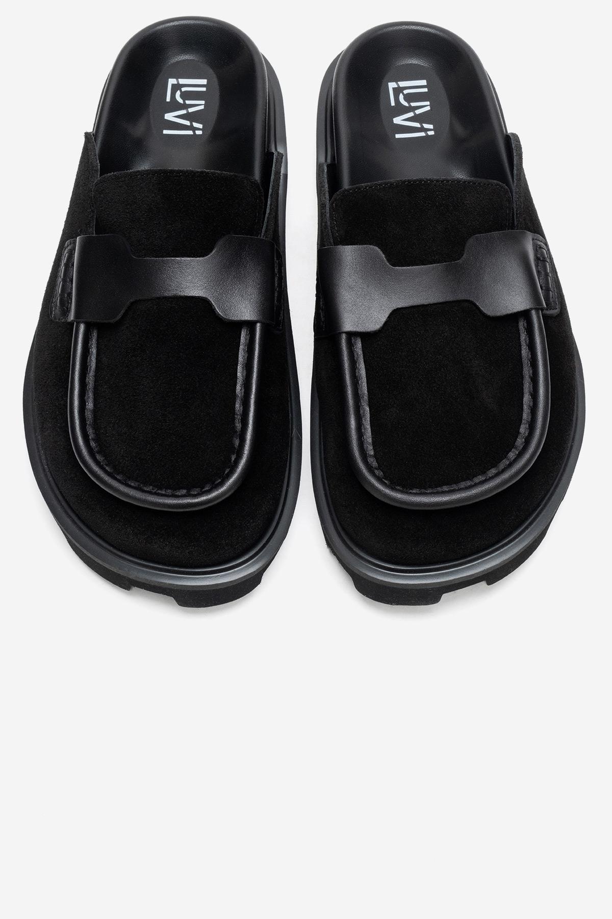 VELA - Black Genuine Suede Leather Low Heel Mule (Women)