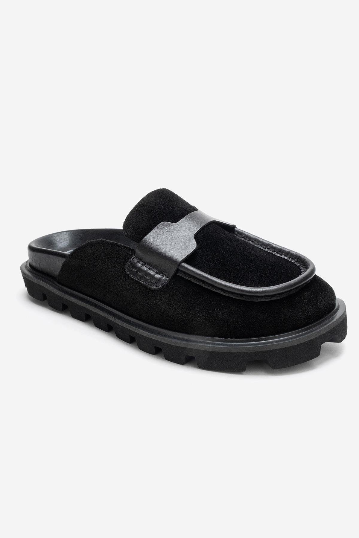 VELA - Black Genuine Suede Leather Low Heel Mule (Women)
