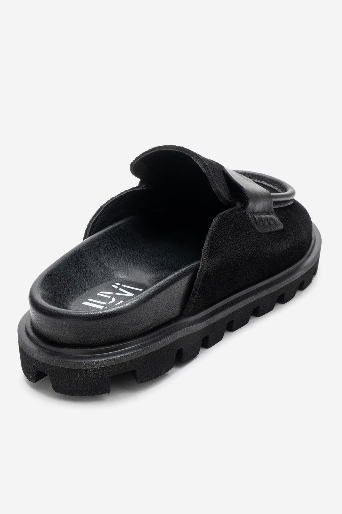 VELA - Black Genuine Suede Leather Low Heel Mule (Women)