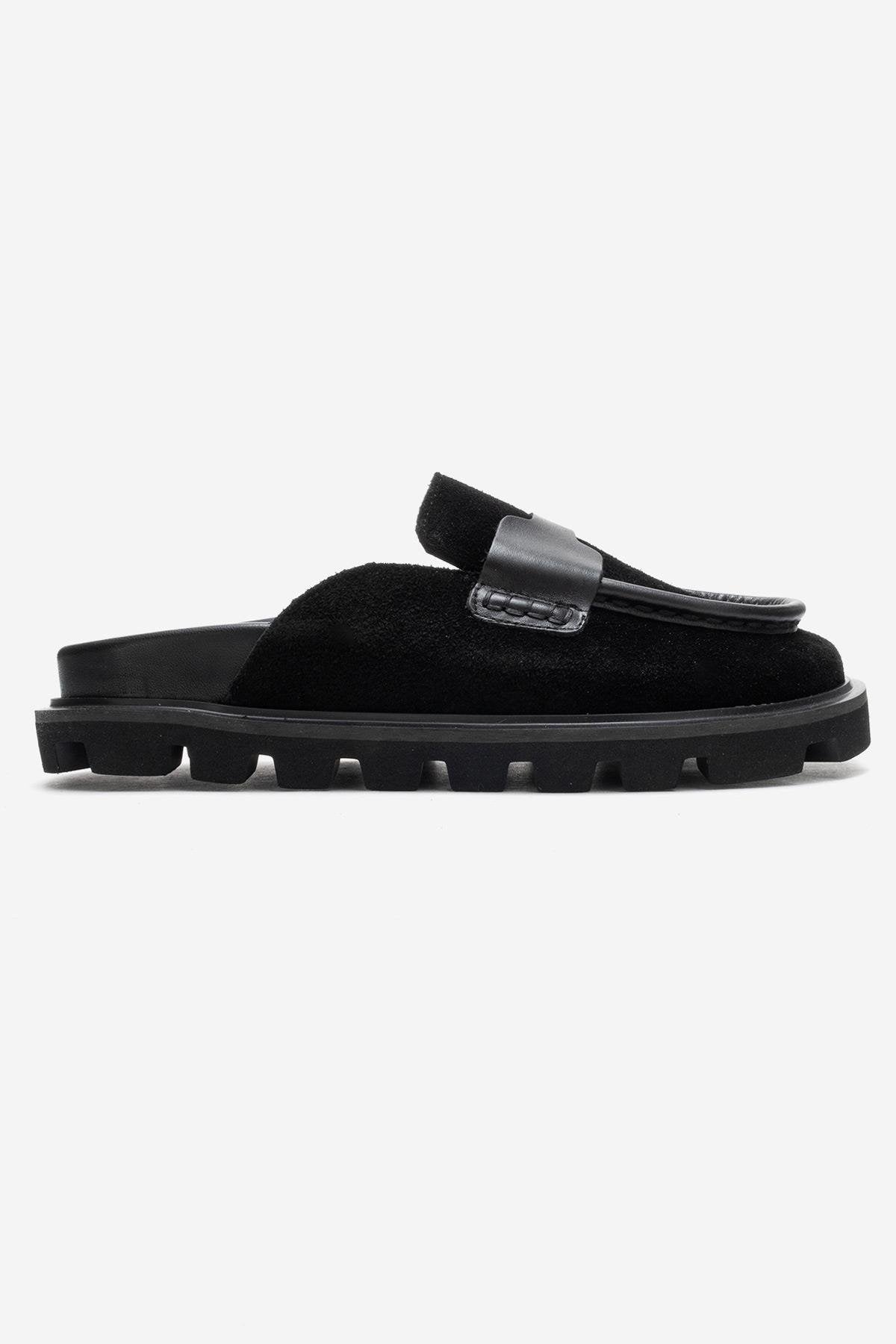 VELA - Black Genuine Suede Leather Low Heel Mule (Women)